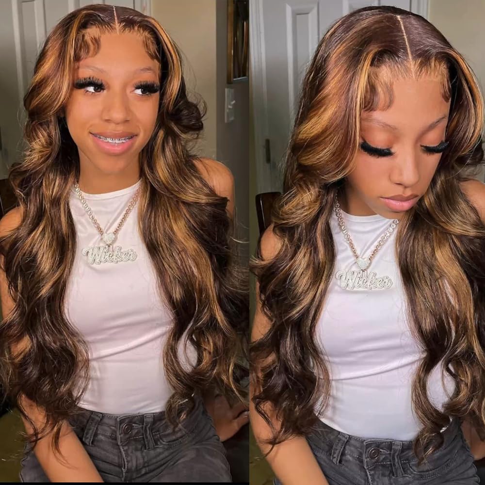 XTERFSTY 30 inch 13x6 HD Full Frontal 4/27 Highlight Ombre Lace Front Wigs Human Hair Brown Colored 180 Density Honey Blonde Glu