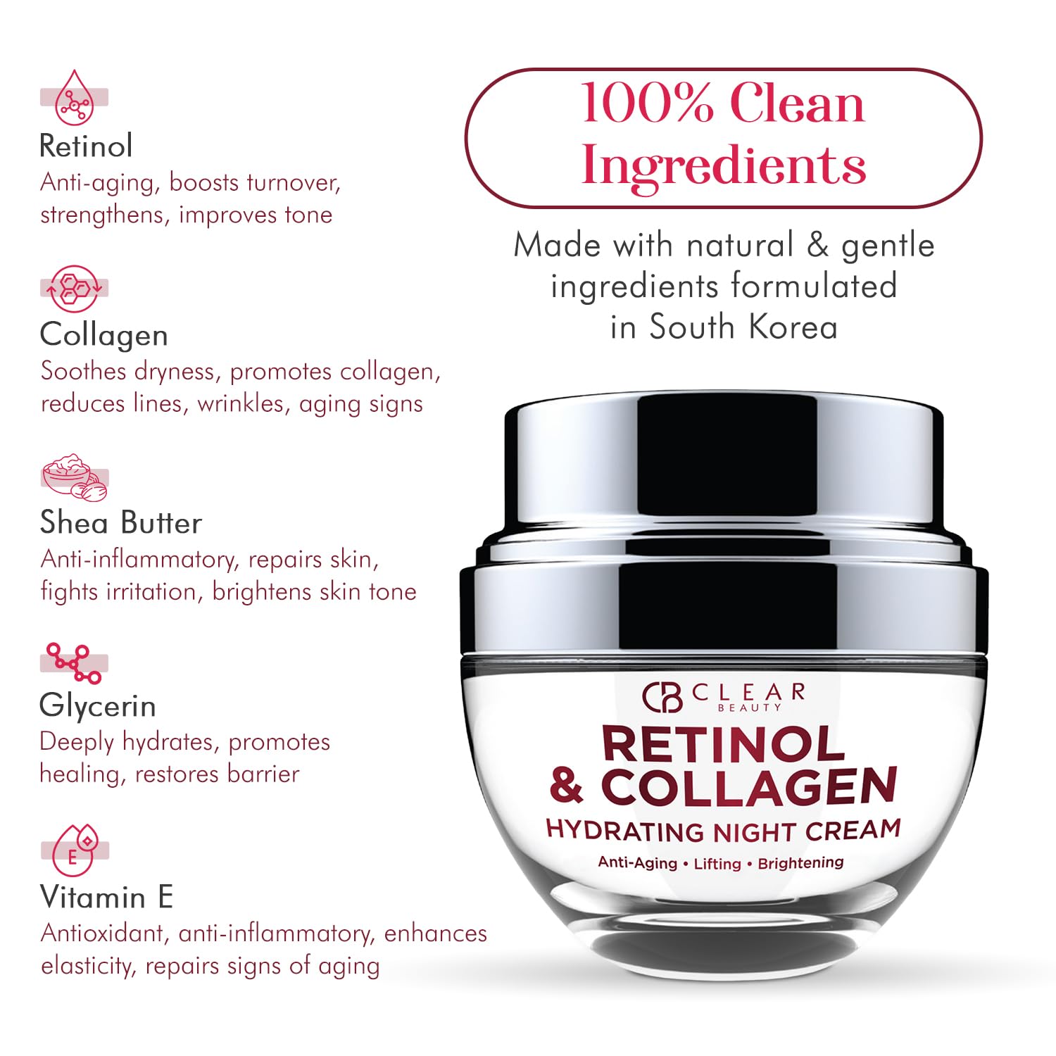 Clear Beauty Retinol & Collagen Night Face Moisturizer - Dermatologist Tested, Moisturizes, Reduces Wrinkles & Fine Lines, Hydra