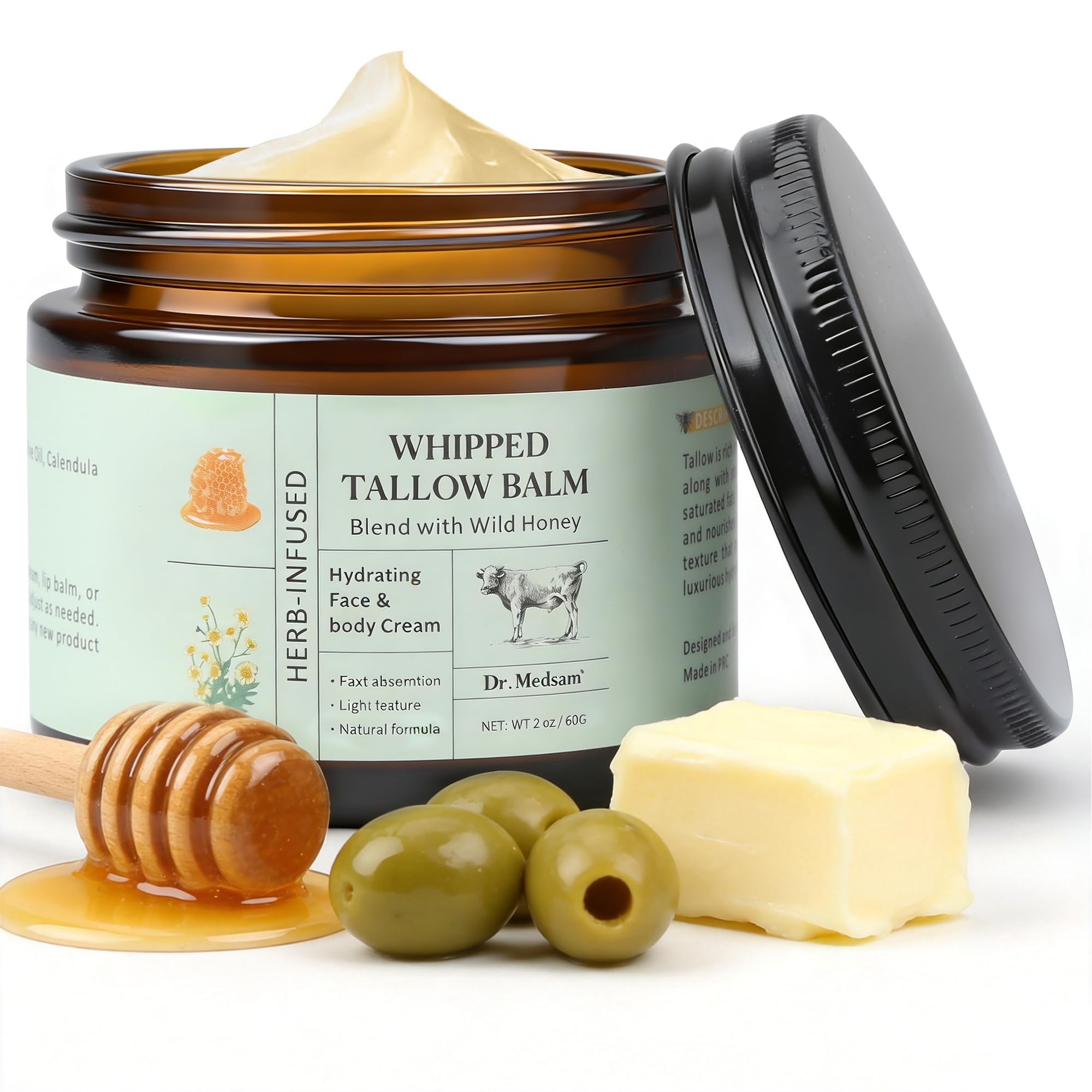 Beef Tallow for Skin, Organic Grass Fed Tallow Honey Balm for Face, Natural Moisturizer Formula Tallow Balm with Beeswax Olive O