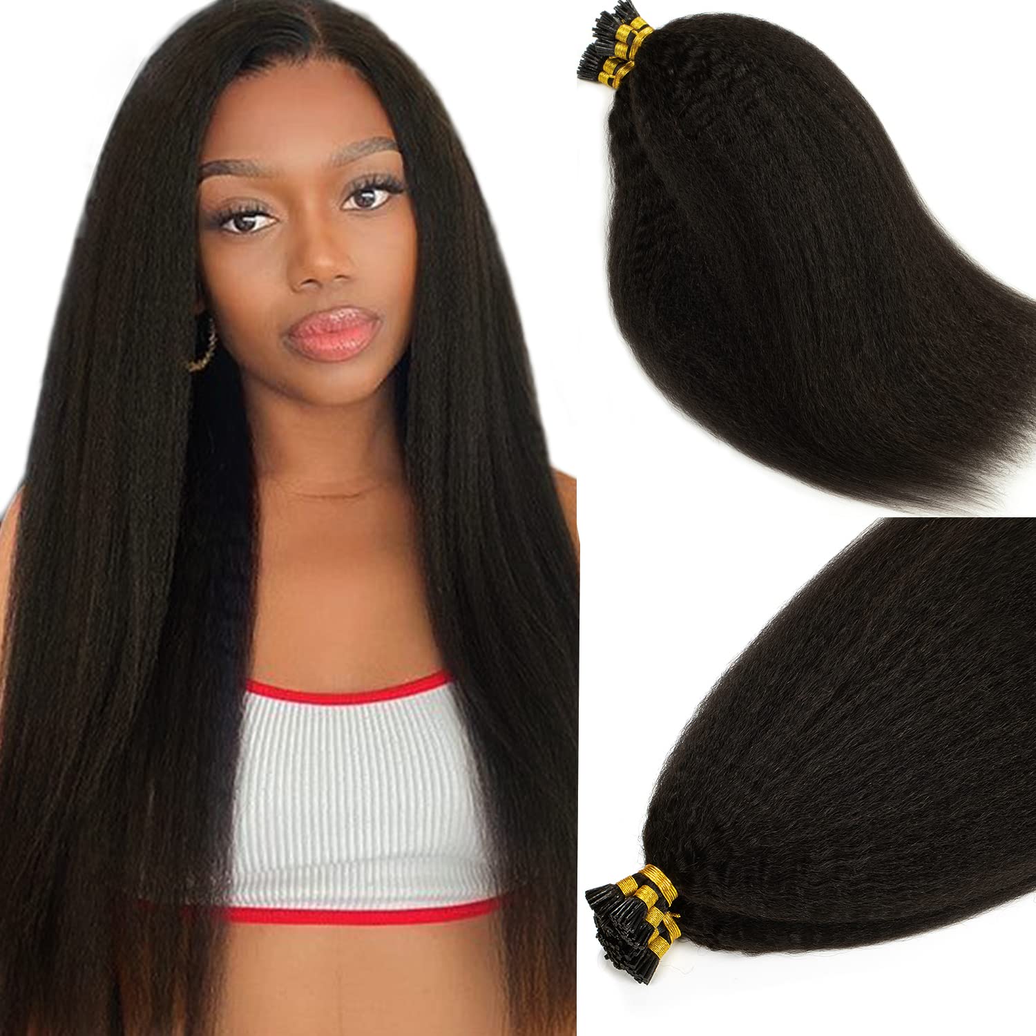 Caliee I Tip Hair Extensions Kinky Straight Human Hair Color 1B Natural Black 12 Inch I Tip Human Hair Extensions for Black Wome