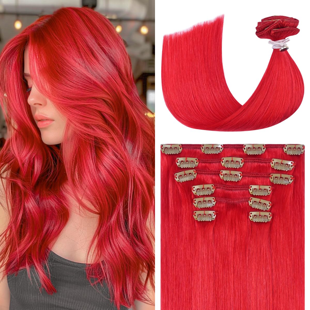 UGOTRAYS Red Hair Extensions Real Human, Hair Clip in Hair Extensions 70g 7pcs 18 inch,Soft & Natural Straight Double Weft Remy 
