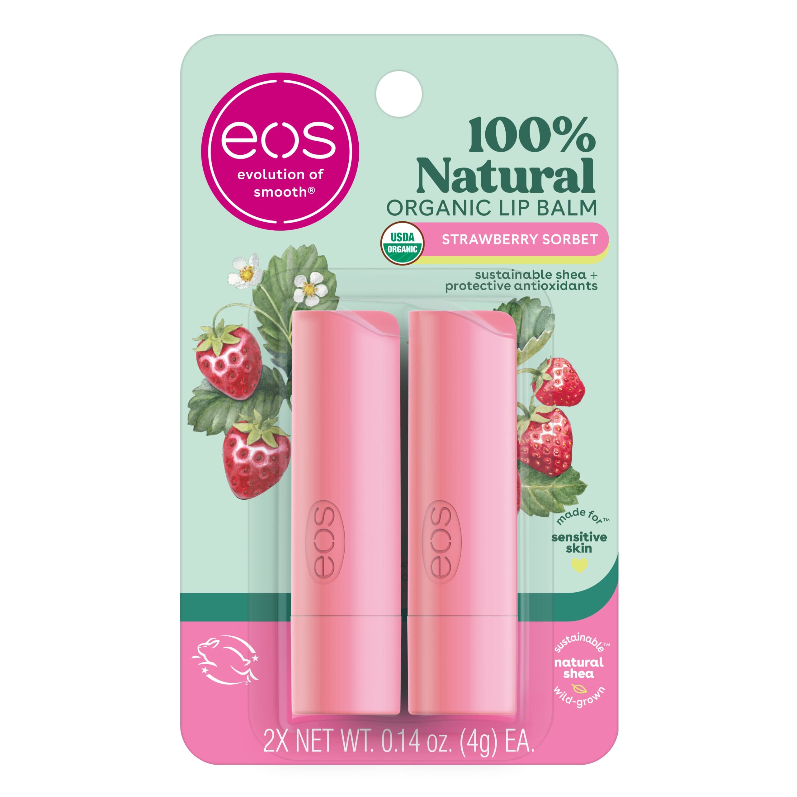Eos 100% Natural & Organic Lip Balm- Strawberry Sorbet, Dermatologist Recommended For Sensitive Skin, All-Day Moisture, 0.14 Oz,