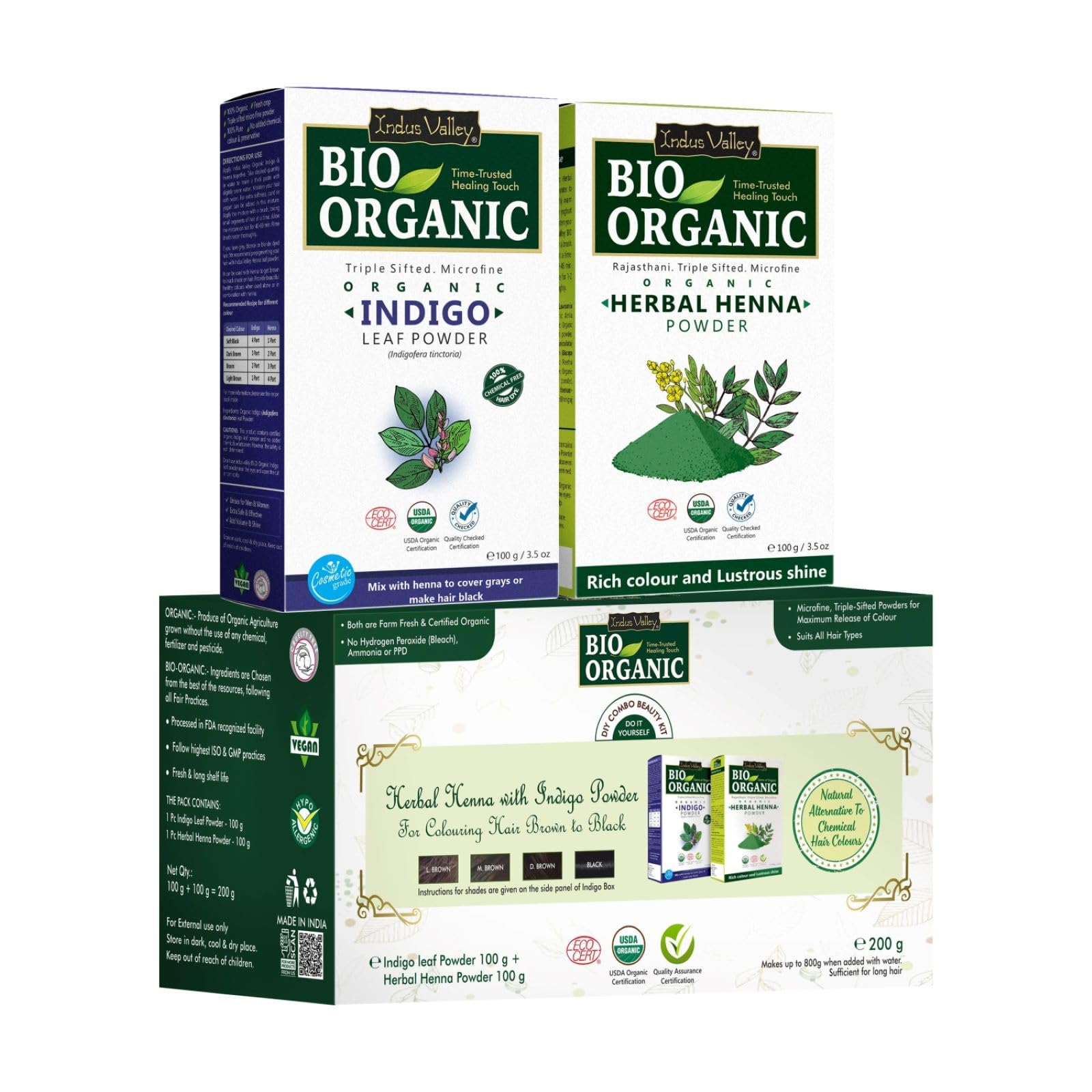INDUS VALLEY Bio Organic 100% Pure Indigo Powder & Herbal Henna Powder Hair Color Combo Kit for Natural Hair Dyeing - Black, Ind