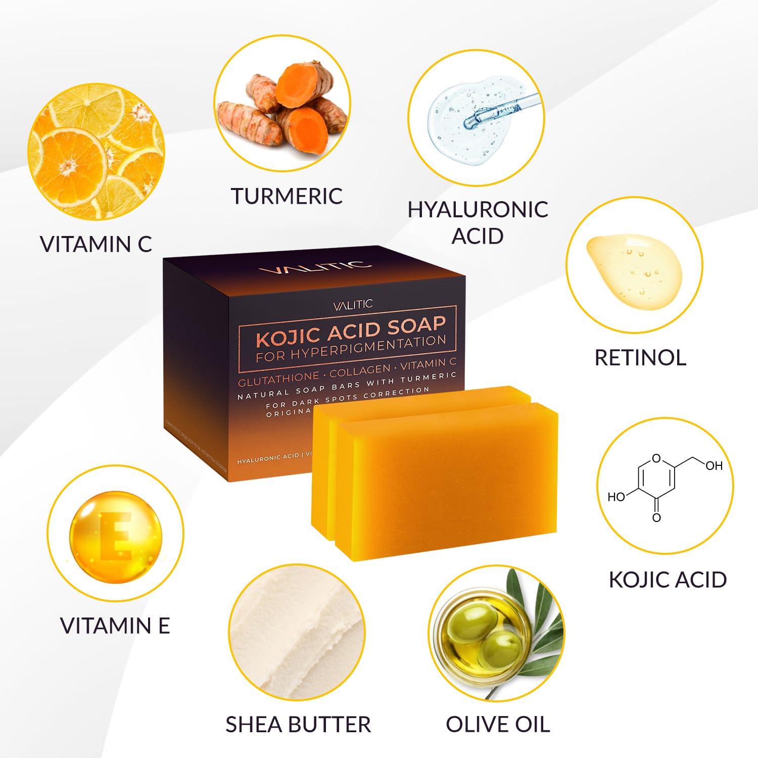 Valitic Kojic Acid Soap For Hyperpigmentation - With Glutathione, Collagen & Vitamin C - Natural Soap Bars With Turmeric - Origi