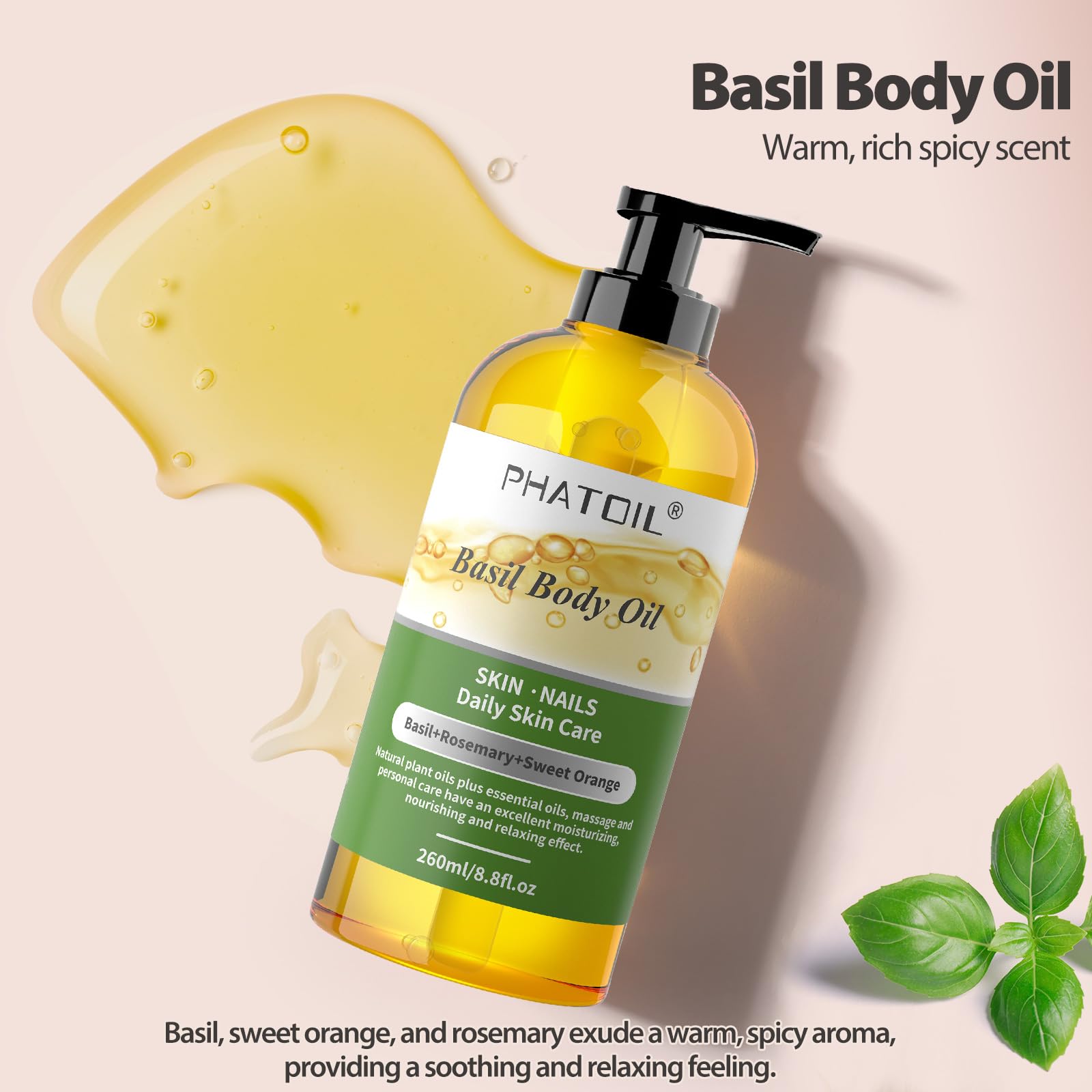 Phatoil Basil Body Oil With Pump, 260 Ml (8.8 Fl.Oz) Multi-Purpose Massage Oil Basil Oil, Blends Of Natural Plant Oils And Essen