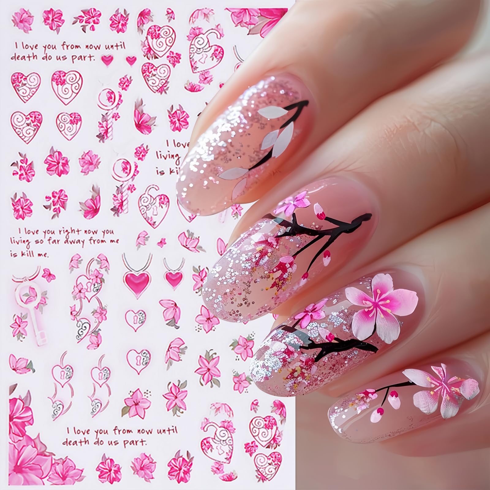 Valentine'S Day Colorful Heart Nail Stickers 3D Self-Adhesive Nail Decals Sexy Lips Flower Nail Supplies Red Rose Flower Cute Ca