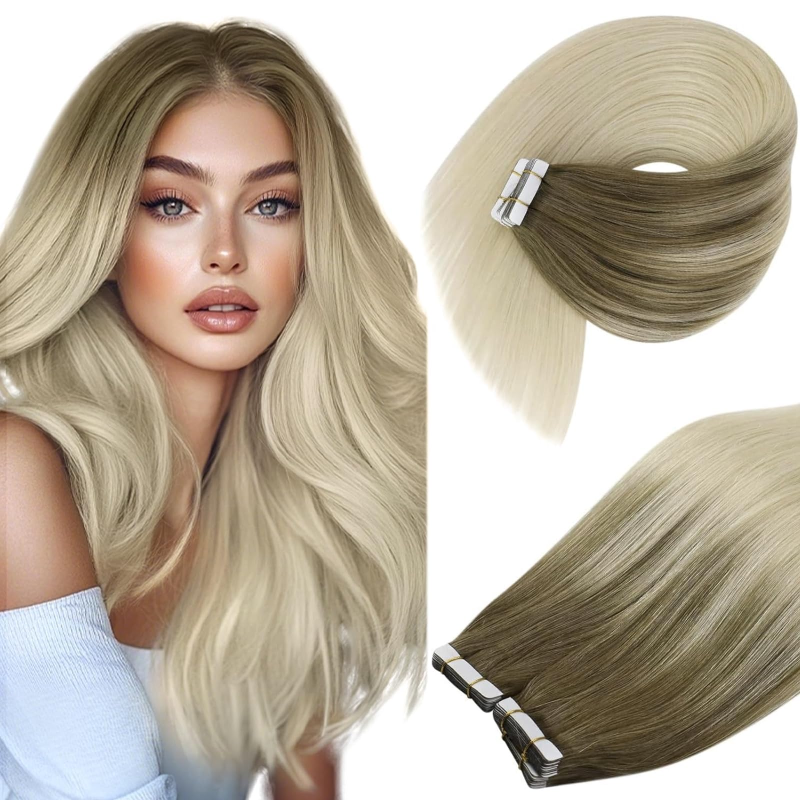Ve Sunny Tape in Hair Extensions Real Human Hair Invisible Remy Human Hair Straight Tape Ins Double Sided Light Brown Root to Pl