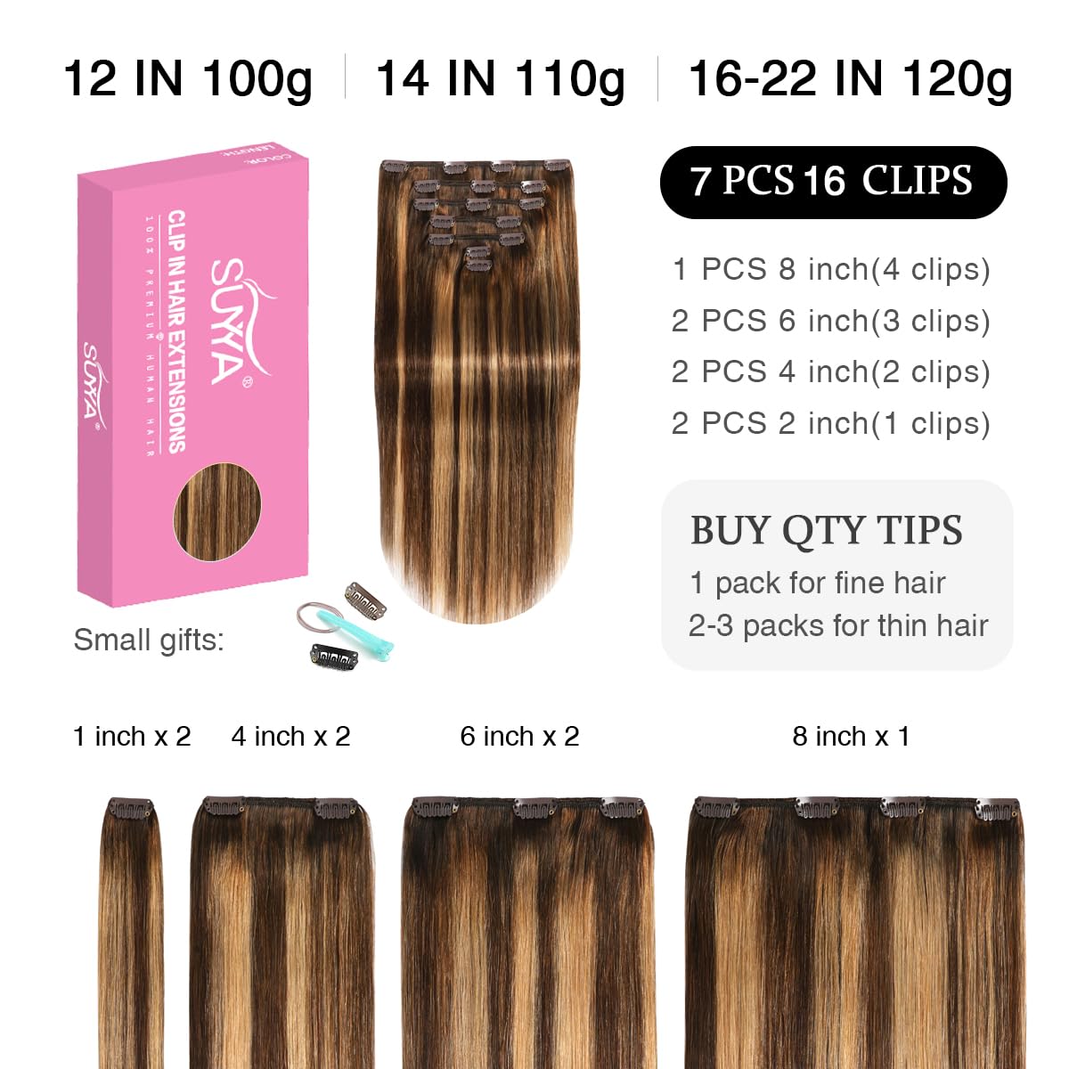 Suyya Clip In Hair Extensions Real Human Hair 16 Inch 120G 7Pcs Hair Extensions Real Human Hair Clip Ins Silky Straight Double W