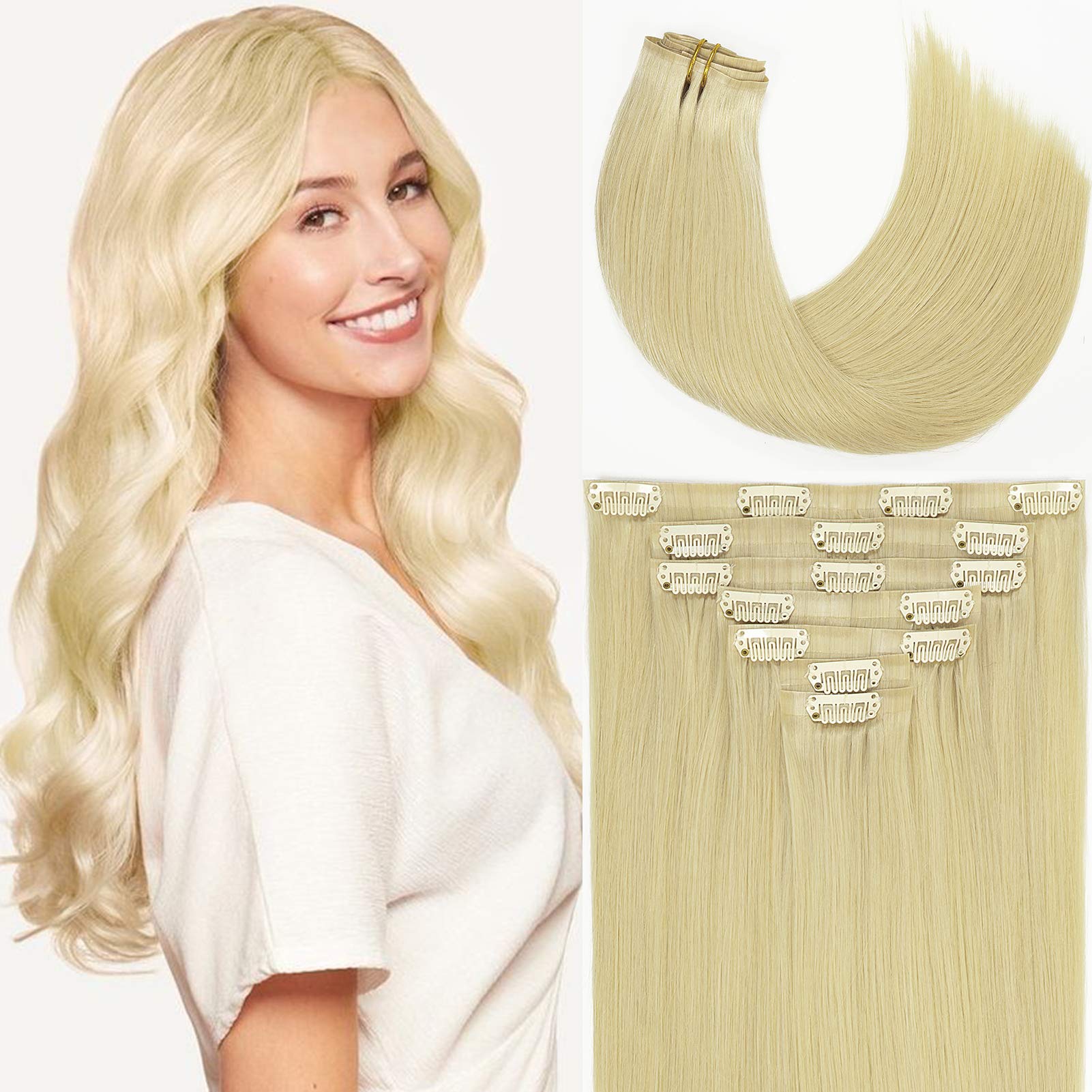 Loxxy Blonde Seamless Clip in Hair Extensions Real Remy Human Hair 20Inch With Invisible PU Skin Weft Invisible Light Bleach Blo