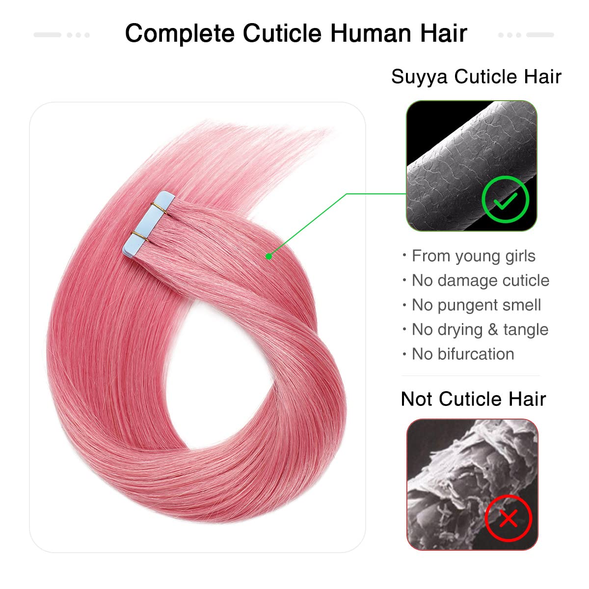 Suyya Tape In Hair Extensions Human Hair Hot Pink Tape In Hair Extensions 12 Inch 10Pcs/Pack Straight Tape In Extensions 20G