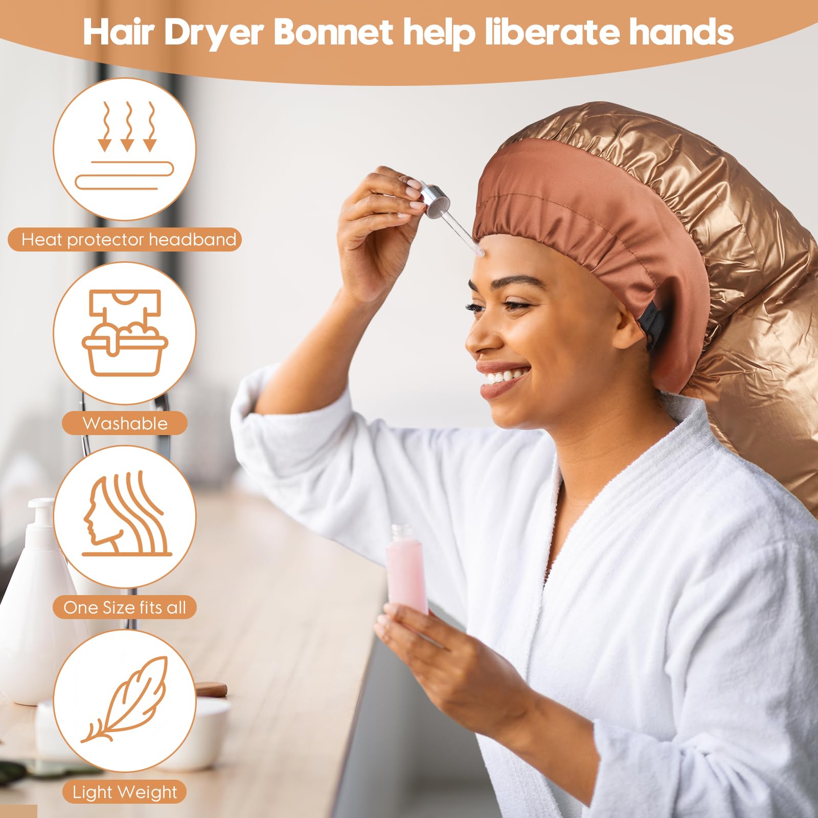 MSDADA Bonnet Hair Dryer Attachment - Adjustable Hooded Cap, Waterproof Fabric, Fast Drying, Gold