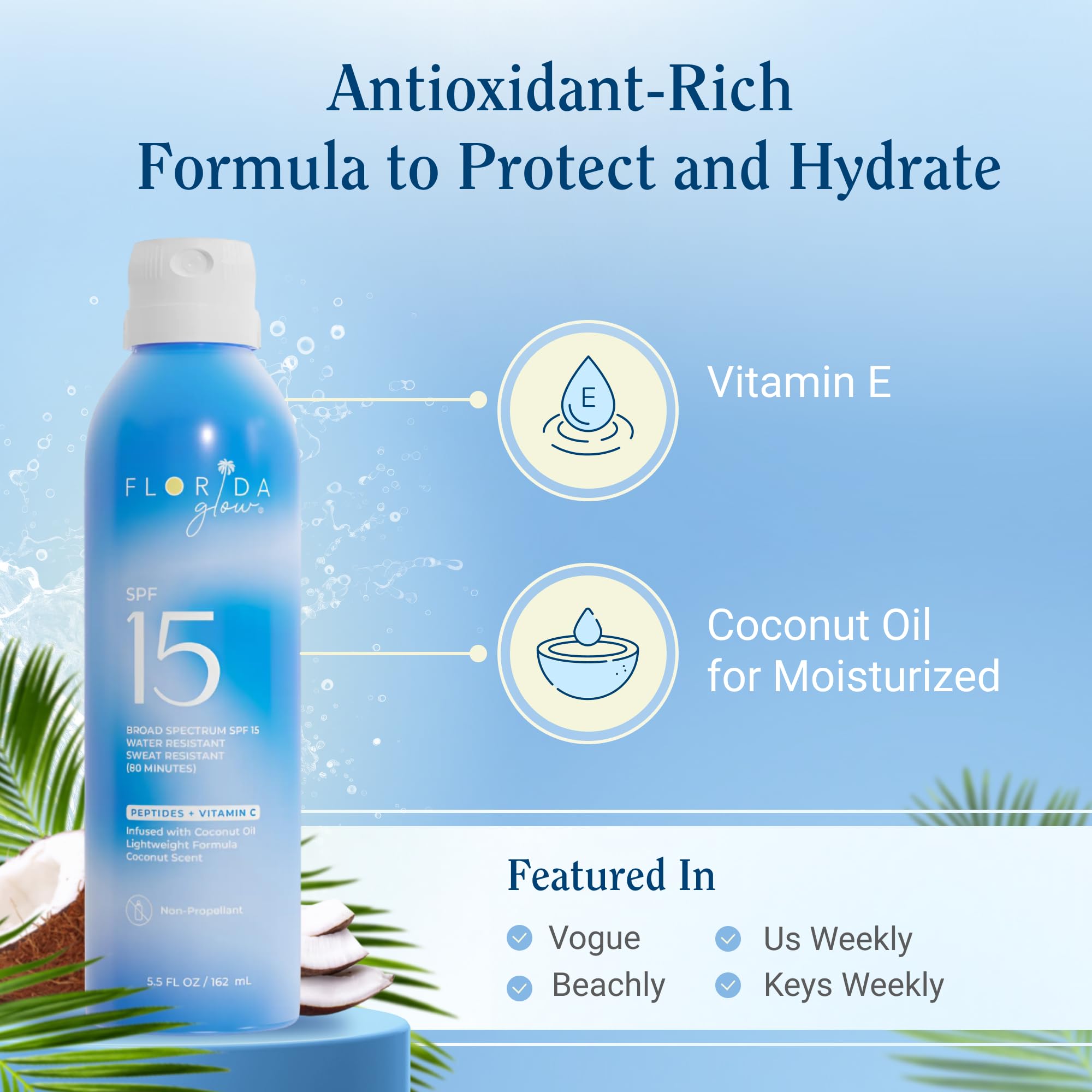 Sunscreen Spray By Florida Glow - 1 Pack Reef Friendly Spf 15 Water Resistant Sunblock For Sun Skin Care & Protection - 100% Sun