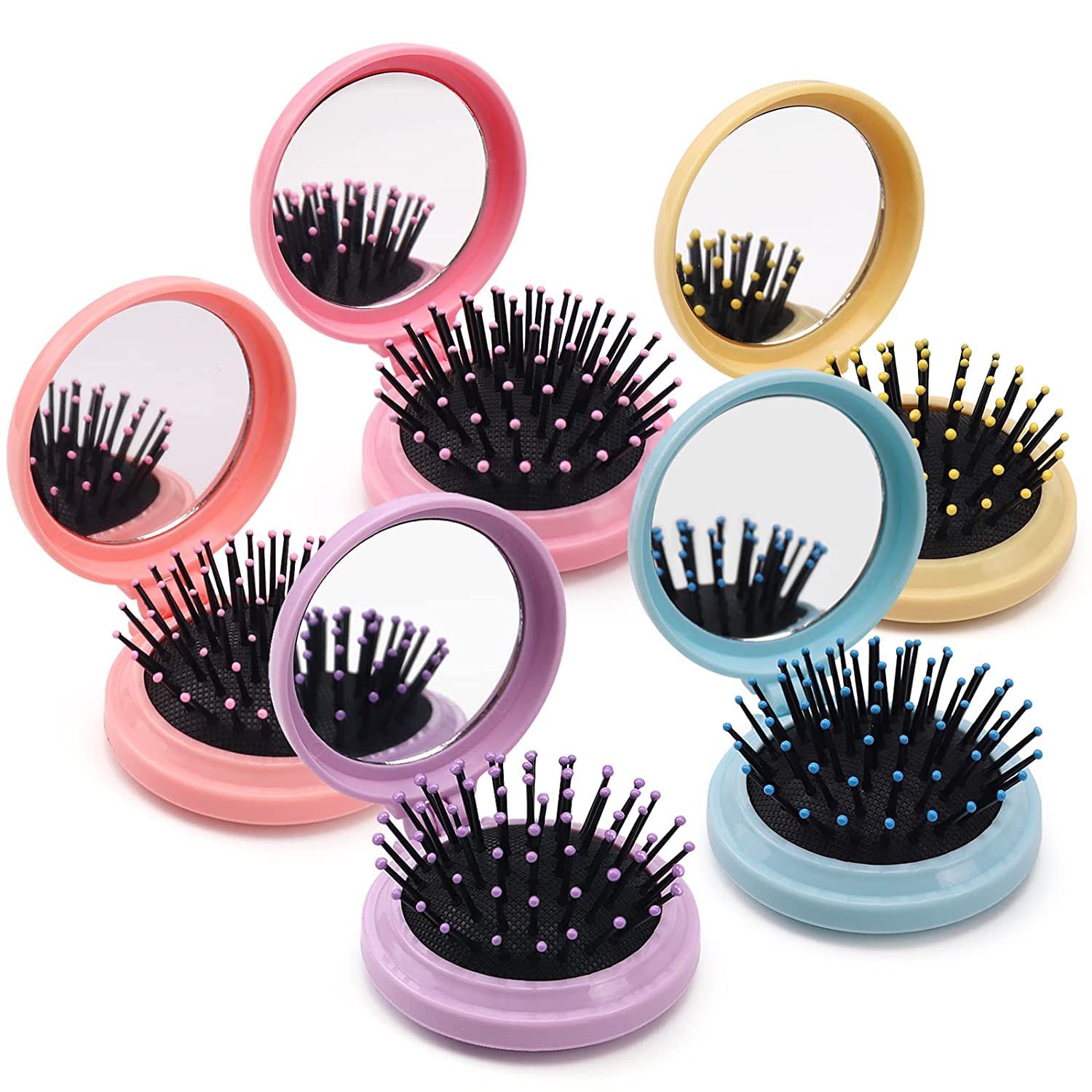 10 Pack Folding Travel Mirror Hair Brushes Round Folding Pocket Hair Brush Mini Hair Comb Compact Travel Size Hair Massage Combo