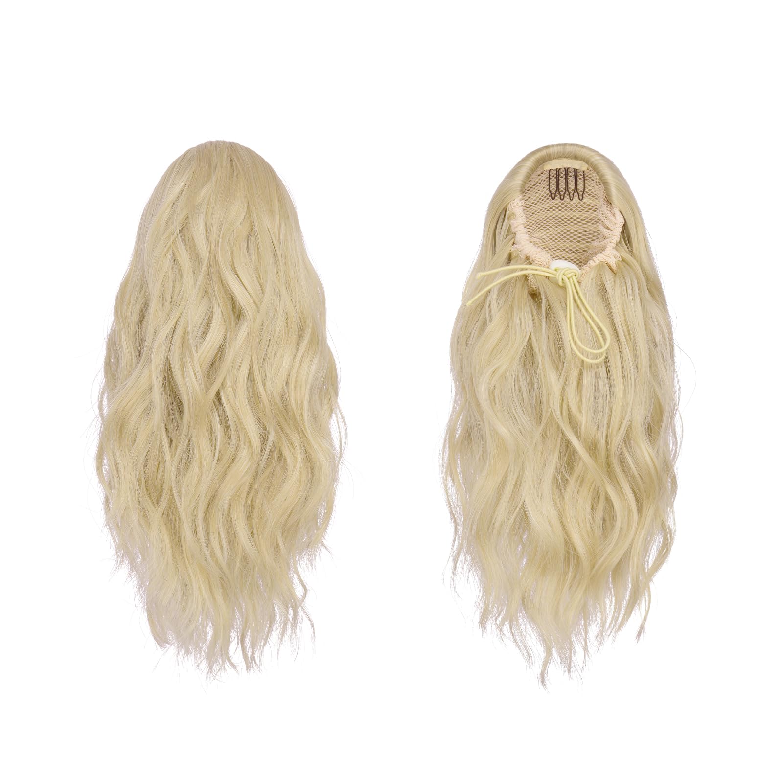 Feshfen Ponytail Extensions, Drawstring Ponytails Hair Extension Ash Blonde Short Curly Wavy Hair Piece Synthetic Blonde Pony Ta