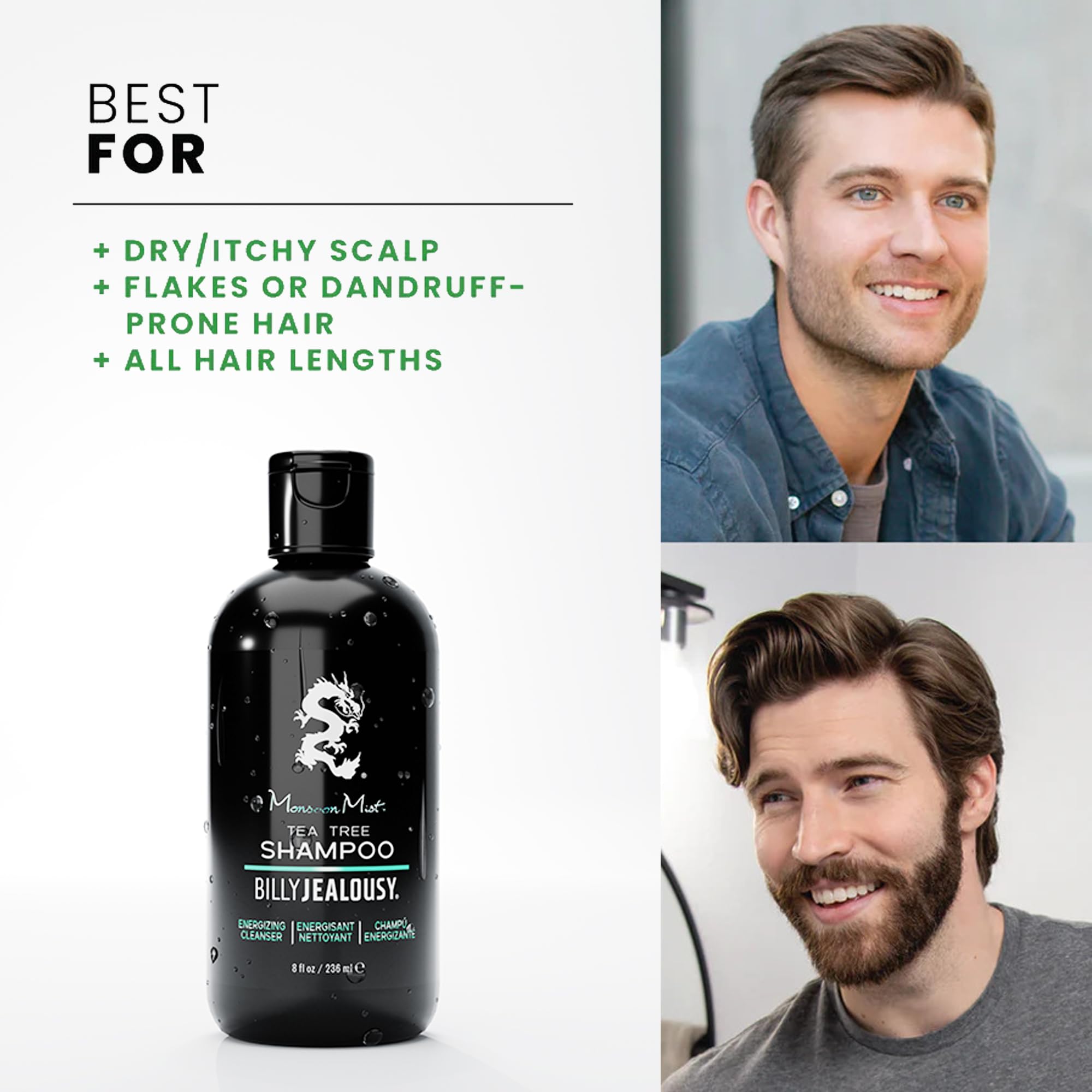 Billy Jealousy Monsoon Mist Tea Tree Energizing Men's Shampoo with Peppermint & Rosemary, Removes Oil Build-up and Soothes Scalp
