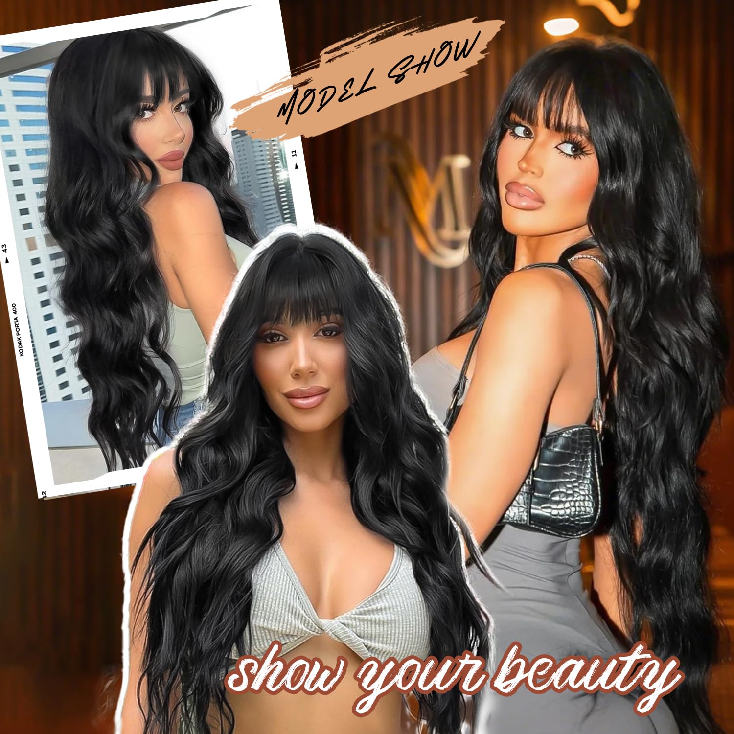 Aisi Hair Black Wig With Bangs Long Wavy Synthetic Wig For Women With Daily Party Use