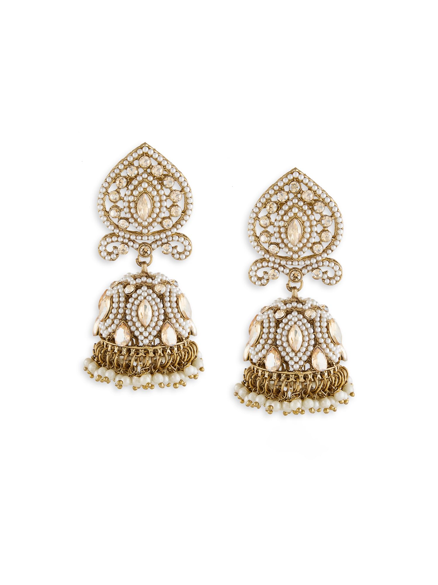 Zaveri Pearls Gold Tone Dazzling Stones Pearls Embellished Statement Jhumka Earring For WomenZpfk19048