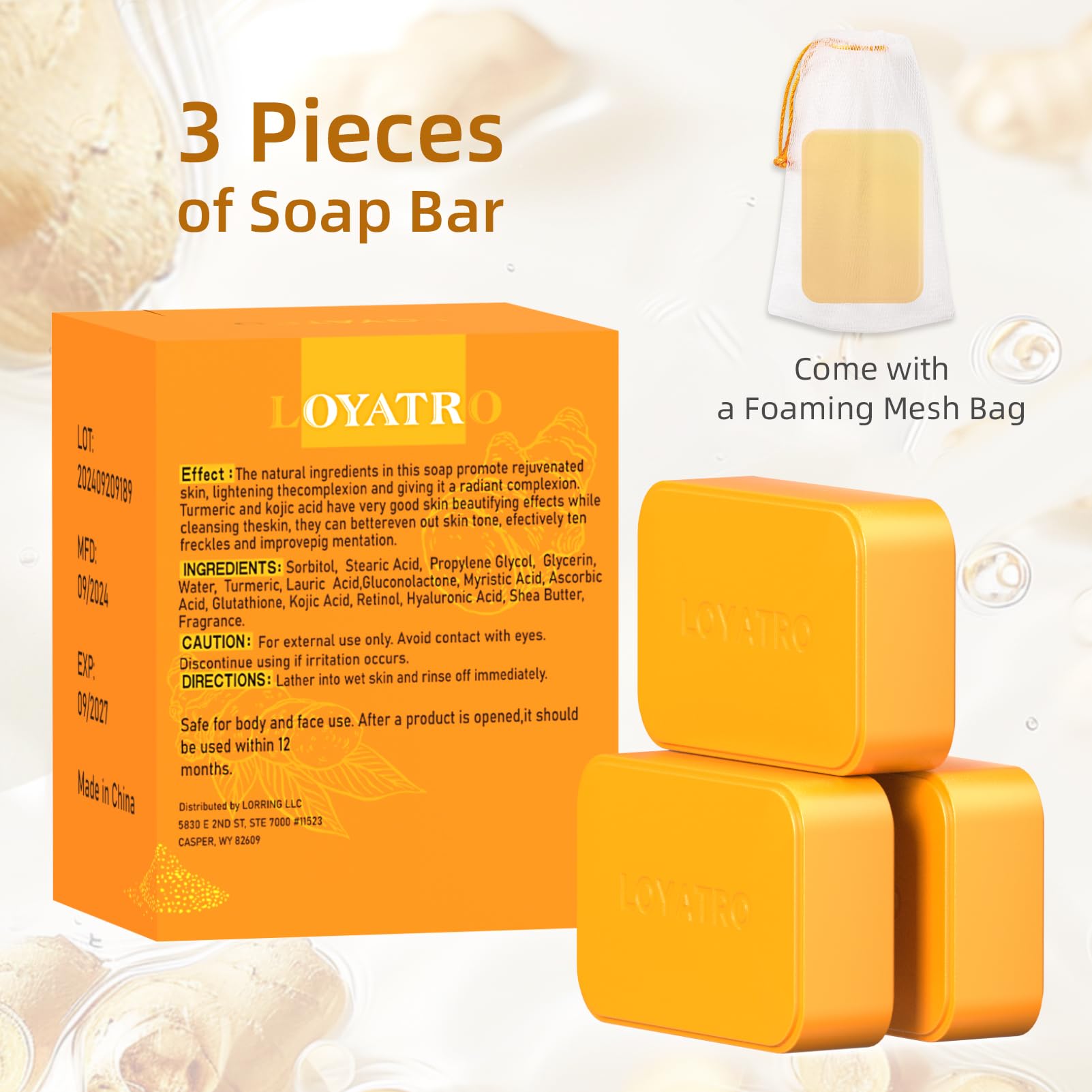LOYATRO Kojic Acid Turmeric Soap Bar 3 Pack for Body & Face, Made with Natural and Organic Ingredients. Gentle Soap, For All Ski