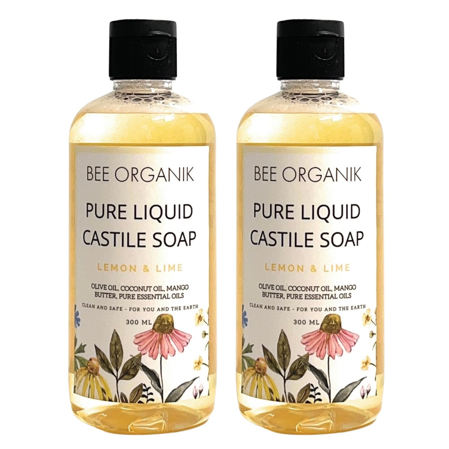 Bee Organik Liquid Castile Soap (Pack Of 2) Lemon & Lime 300Ml X 2
