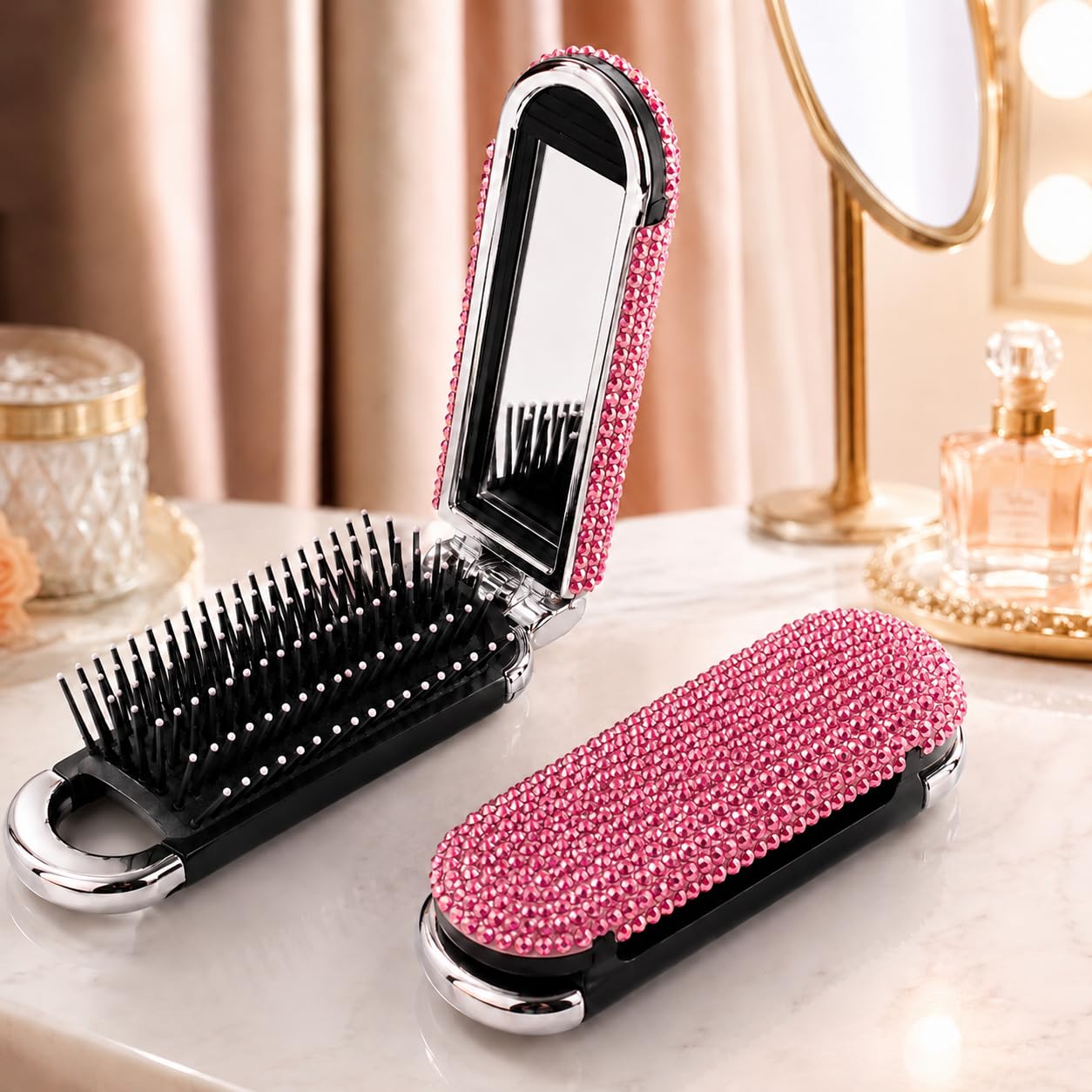 Humaizar Hair Brush Comb For Women & Girls | Folding Mirror | Rhinestone Design | Compact Pocket Travel Comb Brush | Pink Gift F