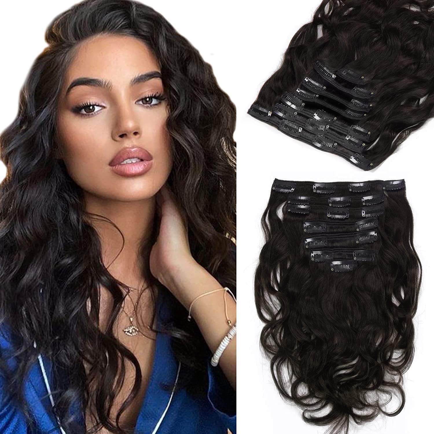 Loxxy Clip in Natural Wave Human Hair Extensions Natural Black #1B Remy Virgin Human Hair Extensions for Fashion Women 20inch Do