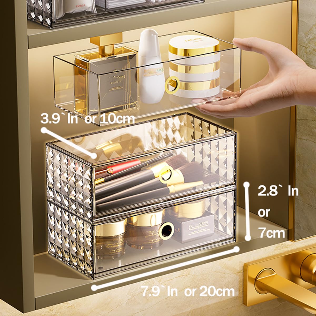 MORNITE 2-Tier Stackable Medicine Cabinet Organizer Drawer with Removable Dividers, Clear Plastic Bathroom Storage Drawers for V