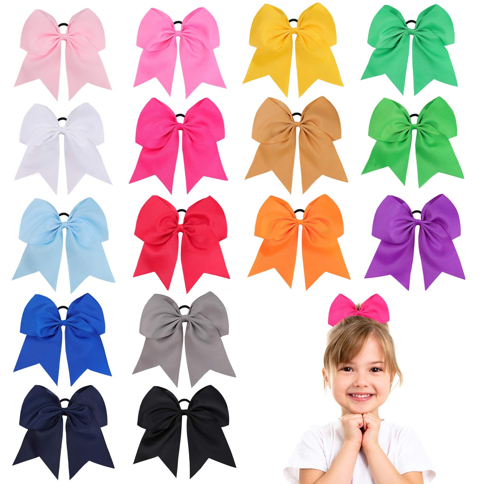 16Pcs 8'' Large Cheer Hair Bows Ponytail Holder Elastic Band Handmade For Cheerleading Teen Girls College Sports (16 Pcs) (Multi