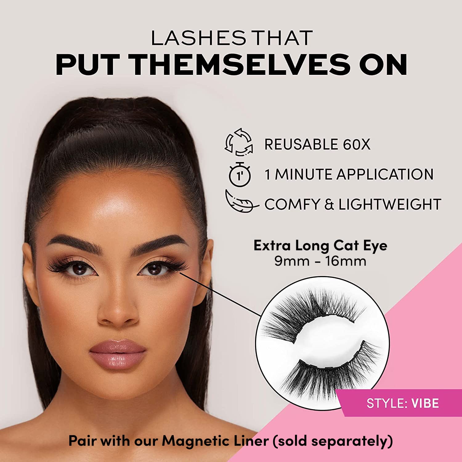 Glamnetic Magnetic Eyelashes - Vibe | Long Magnetic Lashes, 60 Wears Reusable Faux Mink Lashes, Dramatic, Cat Eye Winged - 1 Pai