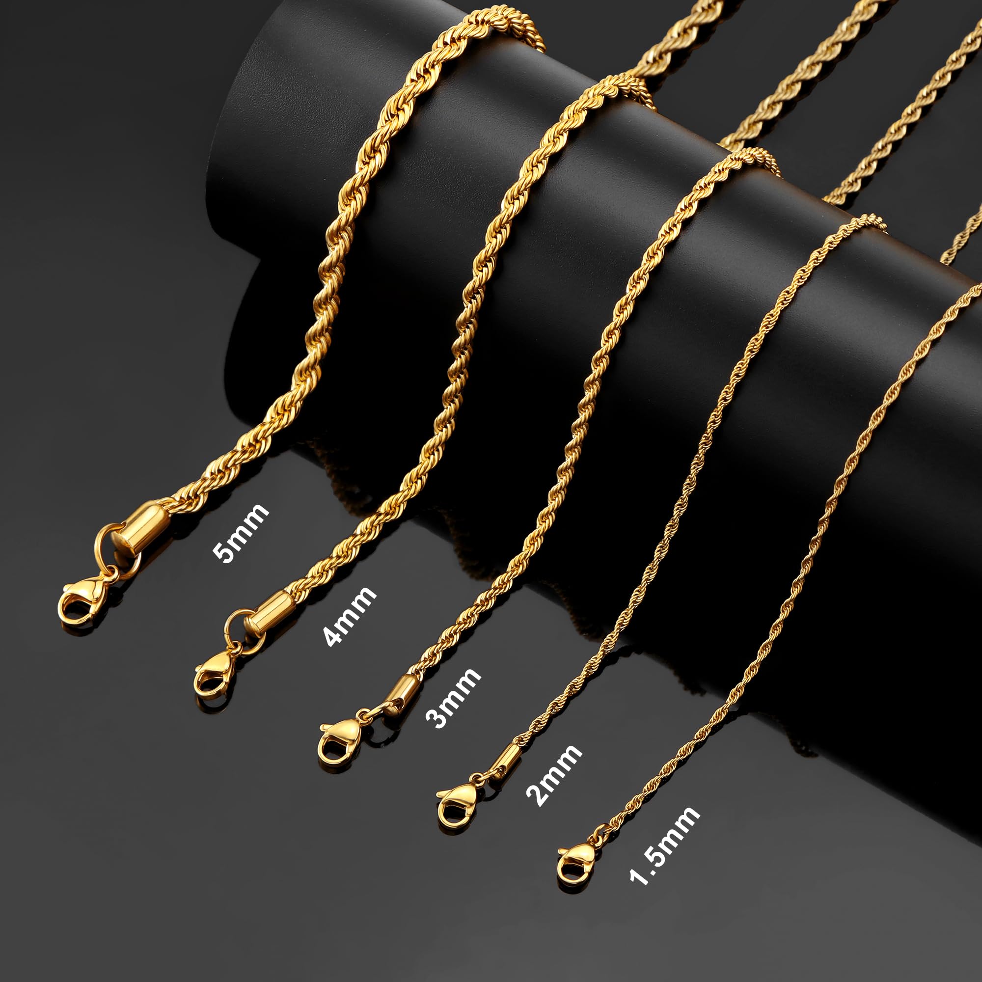 Giftall 3MM Rope Chain Necklace Stainless Steel Twist Rope Chain Necklace for Men Women 18 Inches 18K Real Gold Plated