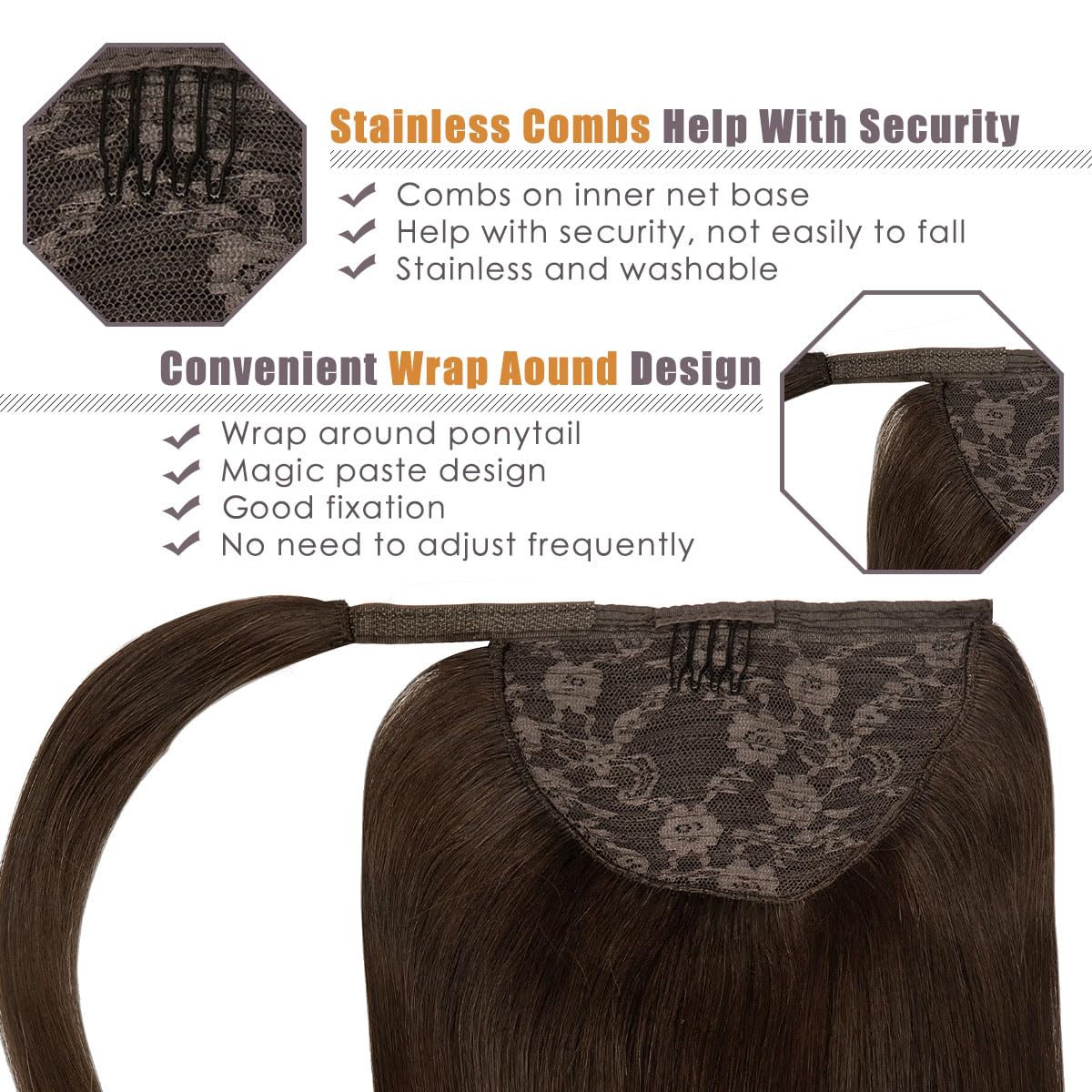 Lacer Warm Dark Brown Ponytail Extension Wrap Around Human Hair With Magic Paste 22 Inch Long Ponytail Extension Human Hair Silk