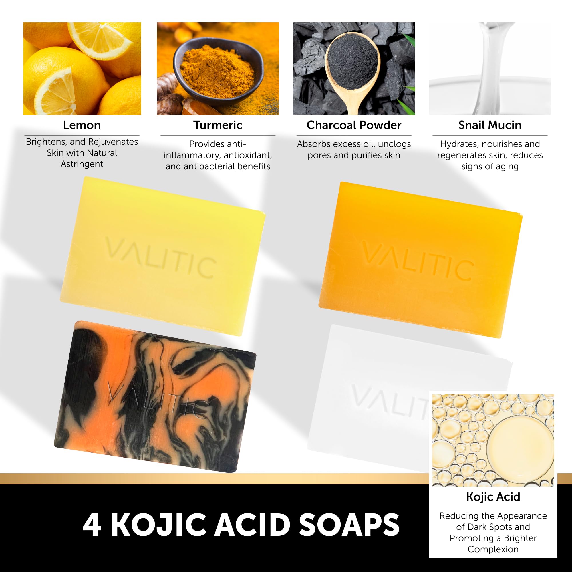 Valitic Kojic Acid Soap Bars - Turmeric, Snail Mucin, Charcoal And Lemon - 4 Assorted Dark Spot Remover Soaps With Hyaluronic Ac