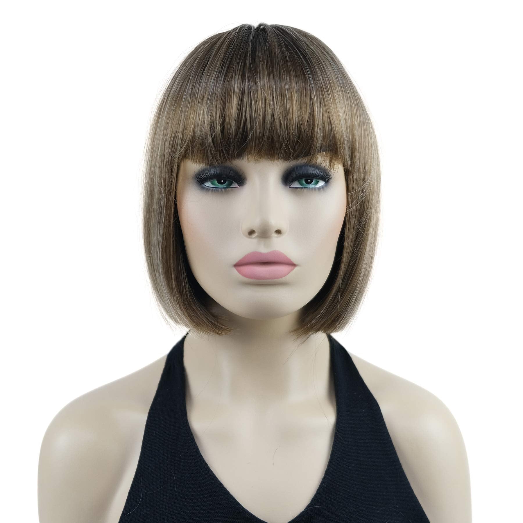 Lydell 8'' Straight Short Bob Hair Flat Bangs Cute Central Dot Skin Top Heat Resistant Synthetic Wigs (12TT26 Light Golden Brown