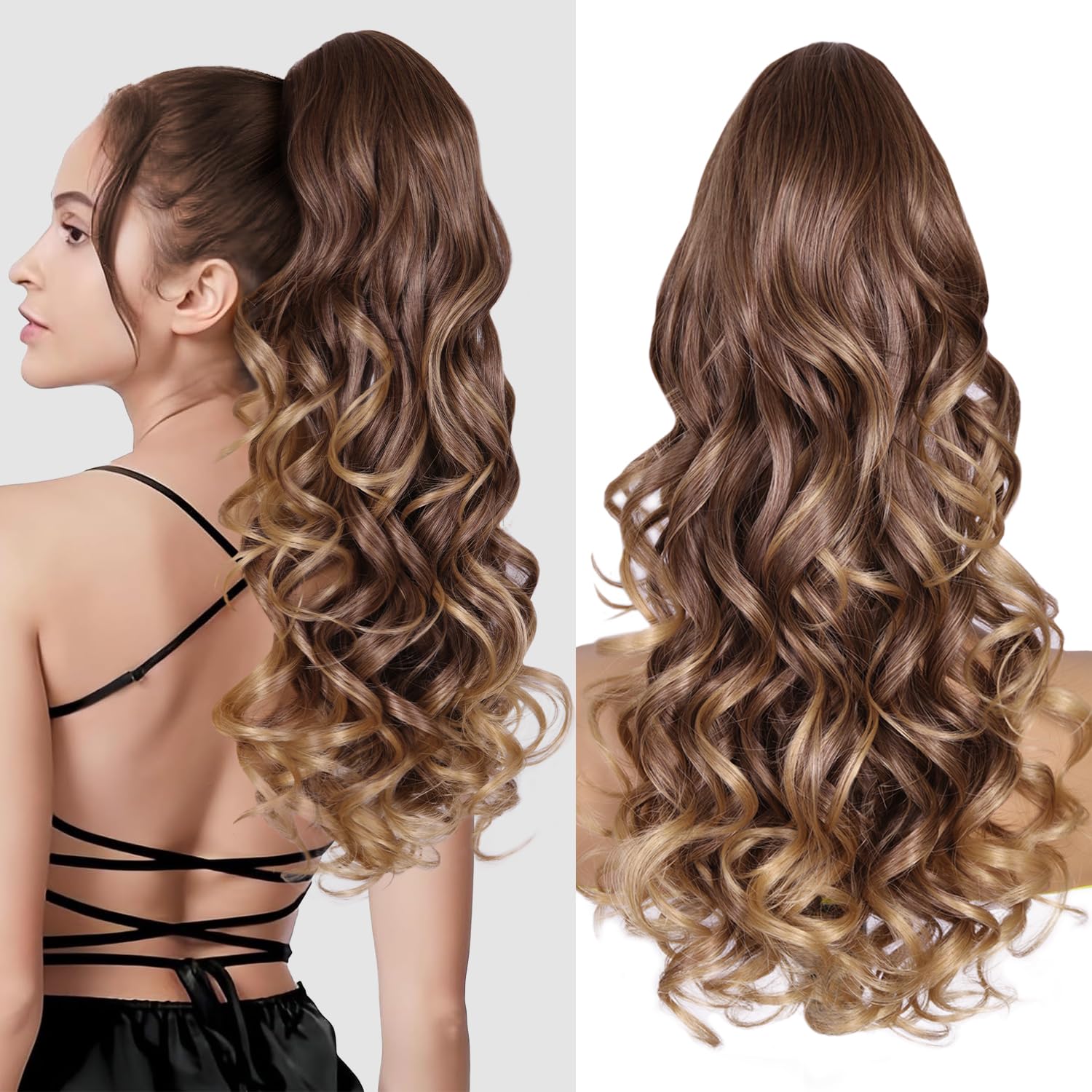 24 Inch Ponytail Extension, Layered Ponytail Extensions for Women, Soft Wavy Claw Clip in Ponytail Extension, Natural Synthetic 