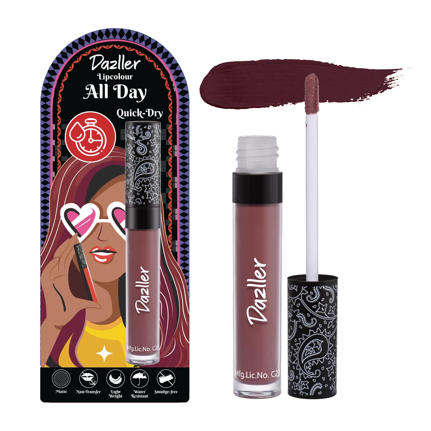 Dazller All Day Lipcolour Quick Dry|Moisturizing Kokum Butter Matte Finish |Non-Transfer & Smudge-Proof|8Hr Stay|Liquid Lipstick