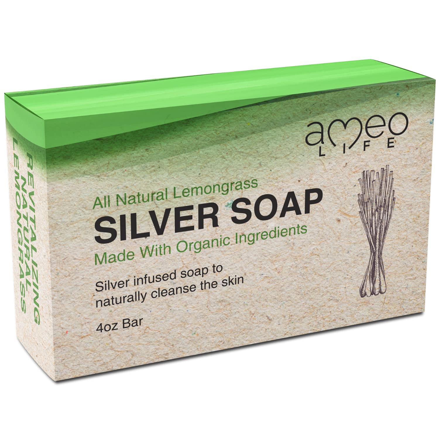 Ameo Life Lemongrass Silver Soap with 30 ppm Silver - Naturally Cleanses the Skin, 4 oz Colloidal Silver Soap Bar for Women and 