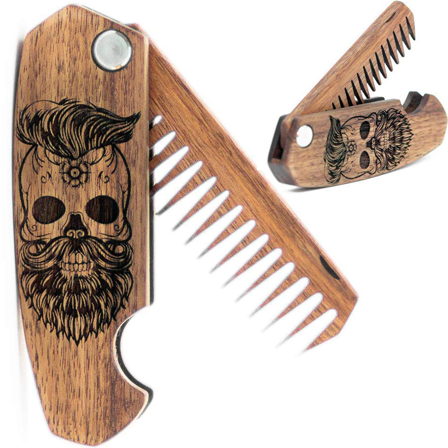 Beard Comb For Men Pocket Folding Combs For Mustache & Hair Travel Natural Wooden Comb With Real Man Engraving - Perfect For Use