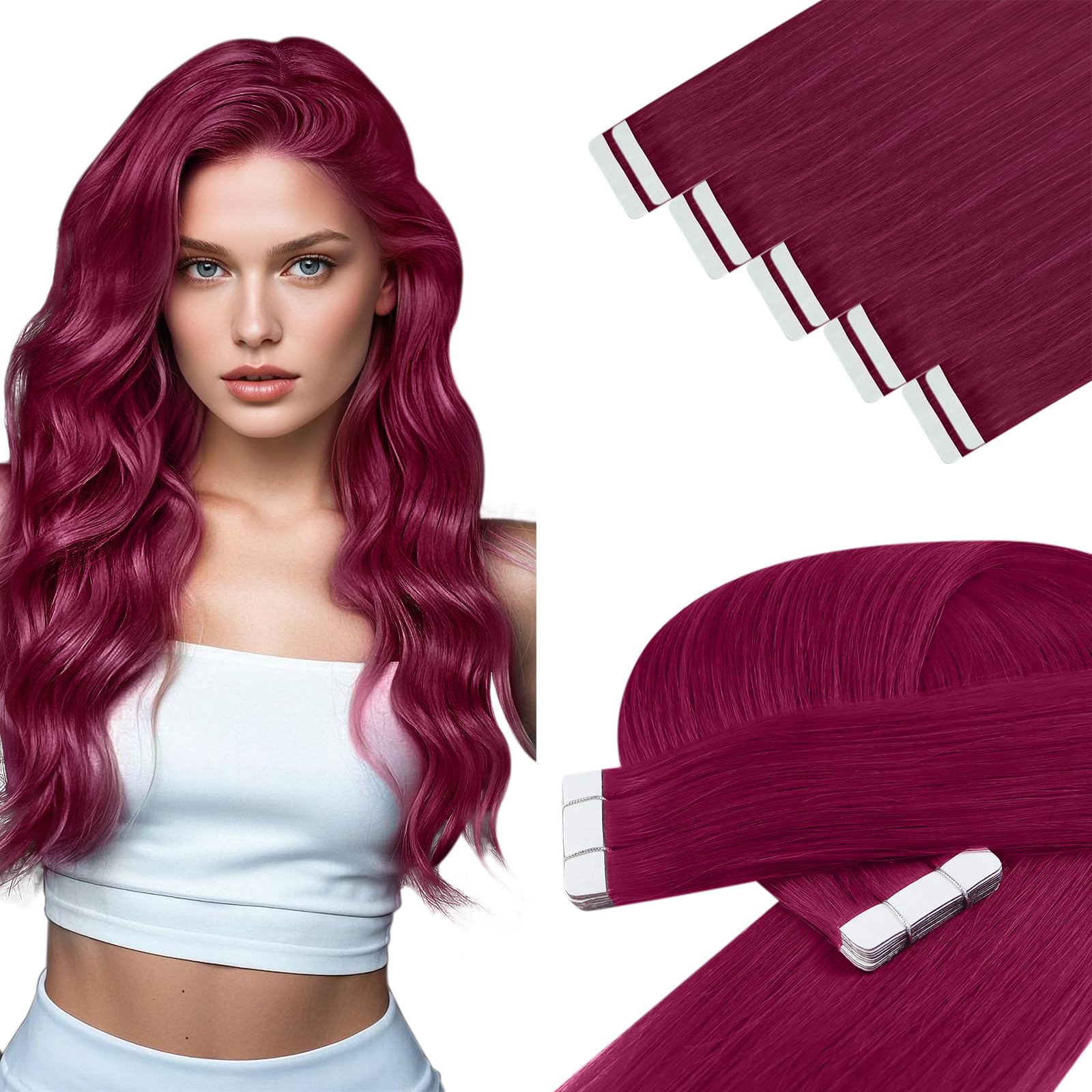 YoungSee Tape in Hair Extensions Human Hair Magenta 10pcs 20g Invisible Tape in Hair Extensions Human Hair Red 12 Inch Magenta H