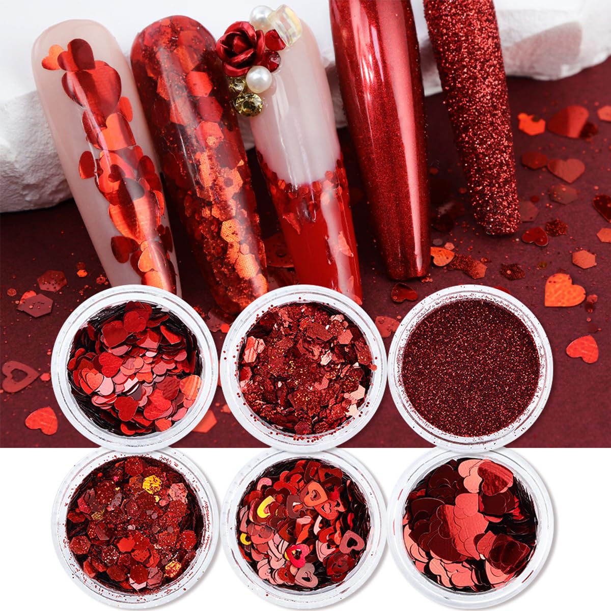 6Pcs Valentines Nail Art Glitter Flake 3D Red Nail Sequins Heart Shaped Nail Art Decoration Holographic Valentines Day Nail Glit