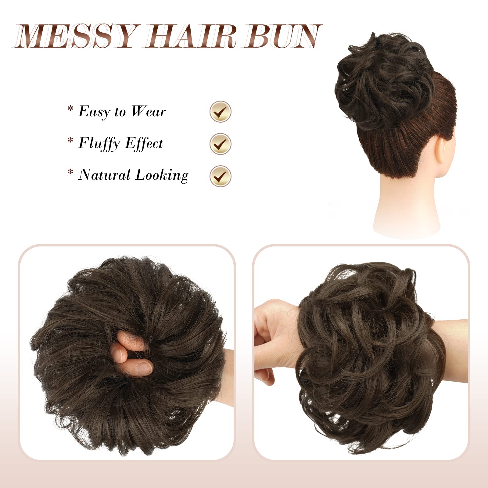 FESHFEN Messy Bun Hair Piece Hair Bun Scrunchies Golden Brown Synthetic Wavy Curly Chignon Ponytail Hair Extensions Thick Updo H