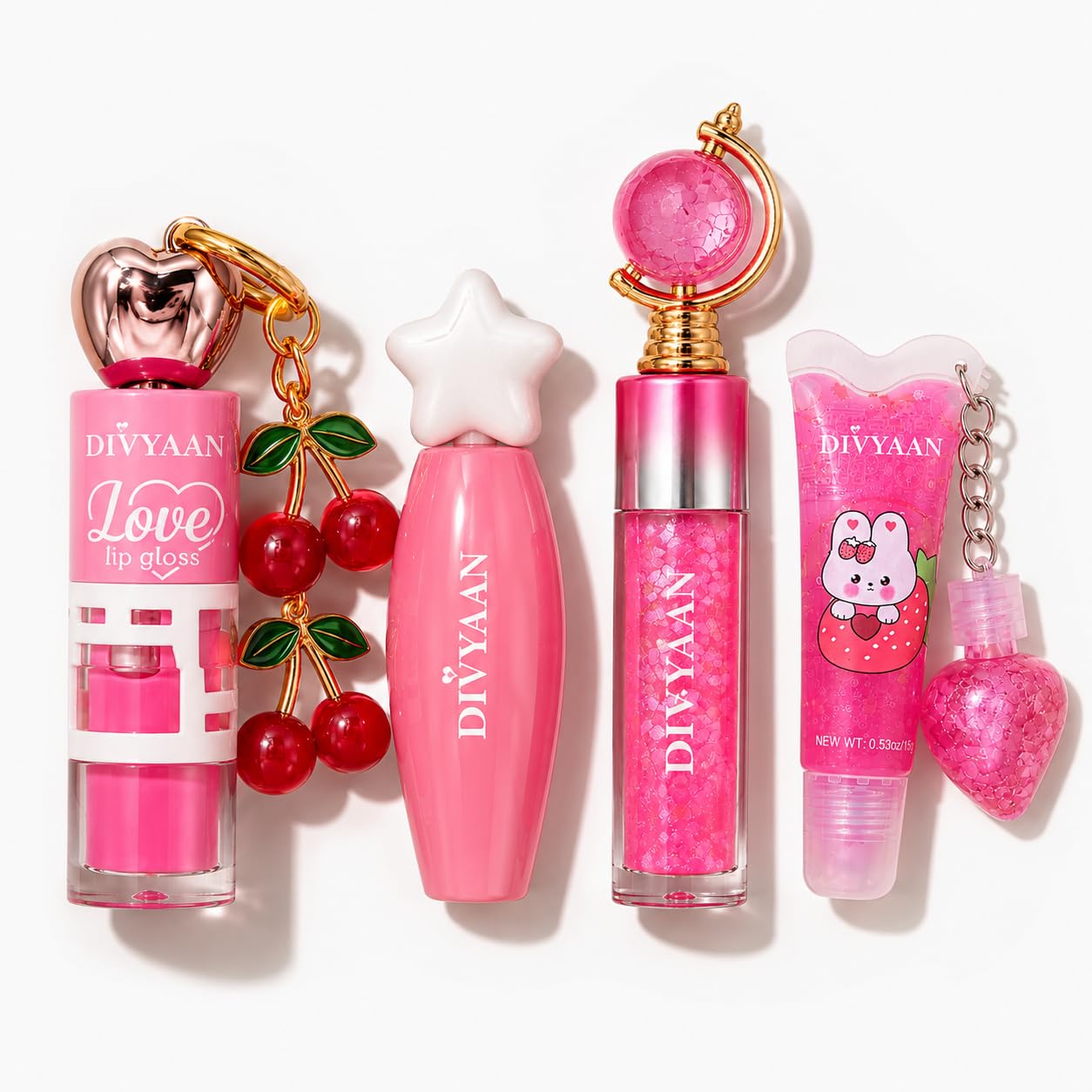 Viral Korean Crystal Globe Lipgloss, Star Design And Cherry Keychain Lip Gloss With 1 High Shine Tube 2In1 Gloss | Long Lasting 