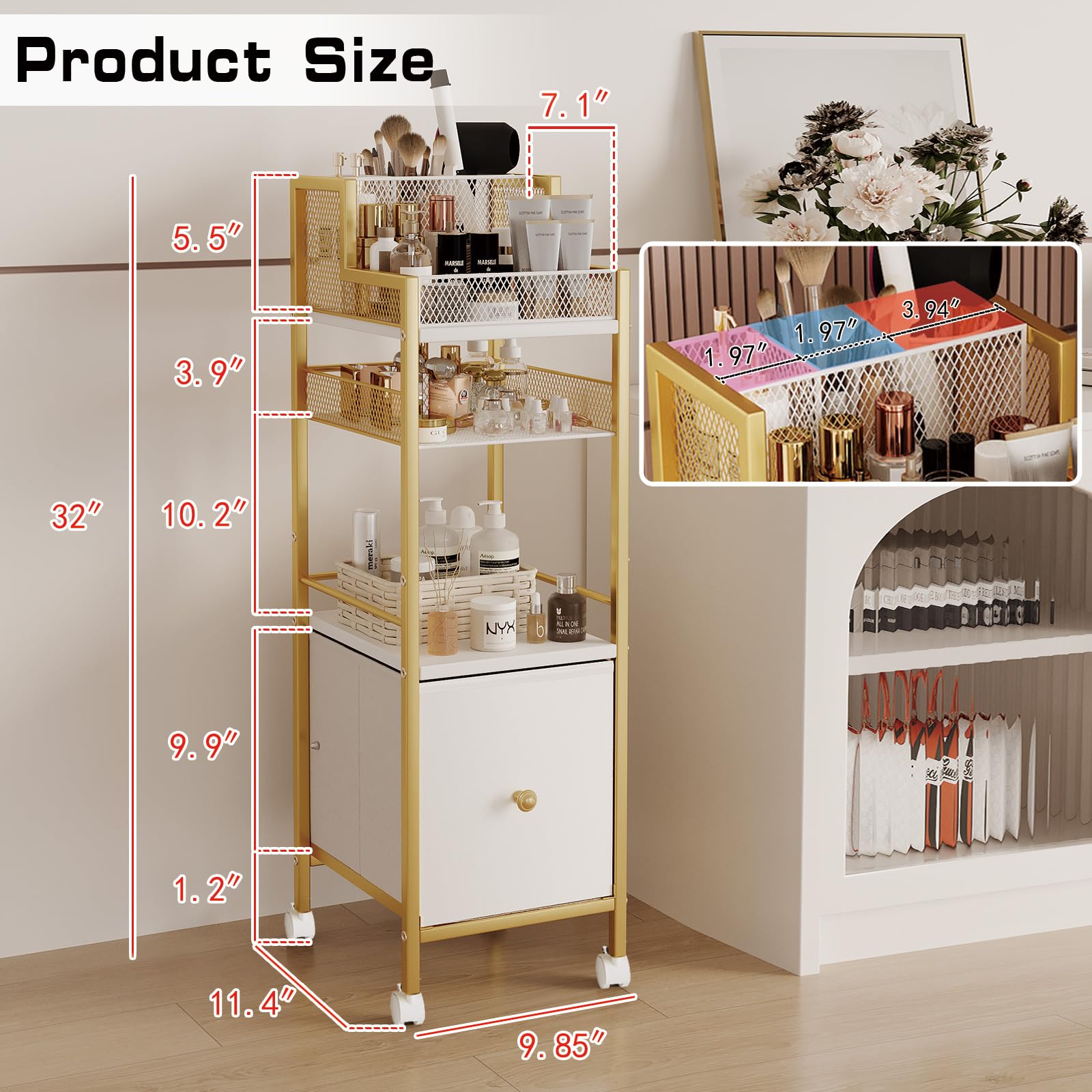 Makeup Organizer Storage Cart with Drawers, Large Floor Makeup Skincare Organizers, Rolling Makeup Cart Vanity Organizer Cosmeti