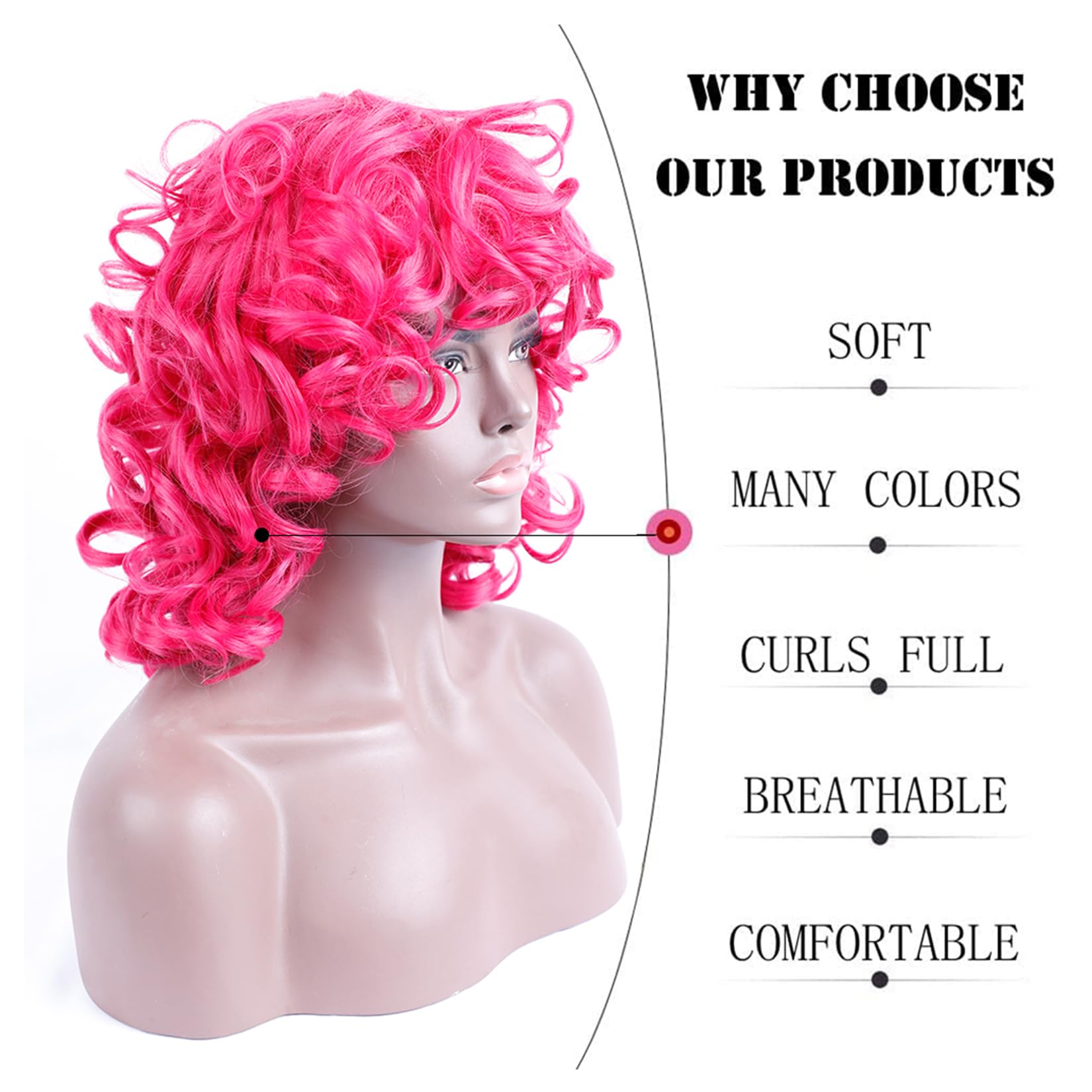 Kavsni Hot Pink Curly Wig For Black Women Soft Short Curly Wig With Bangs For American Women Wigs(Large Earrings+Makeup Sponge+W