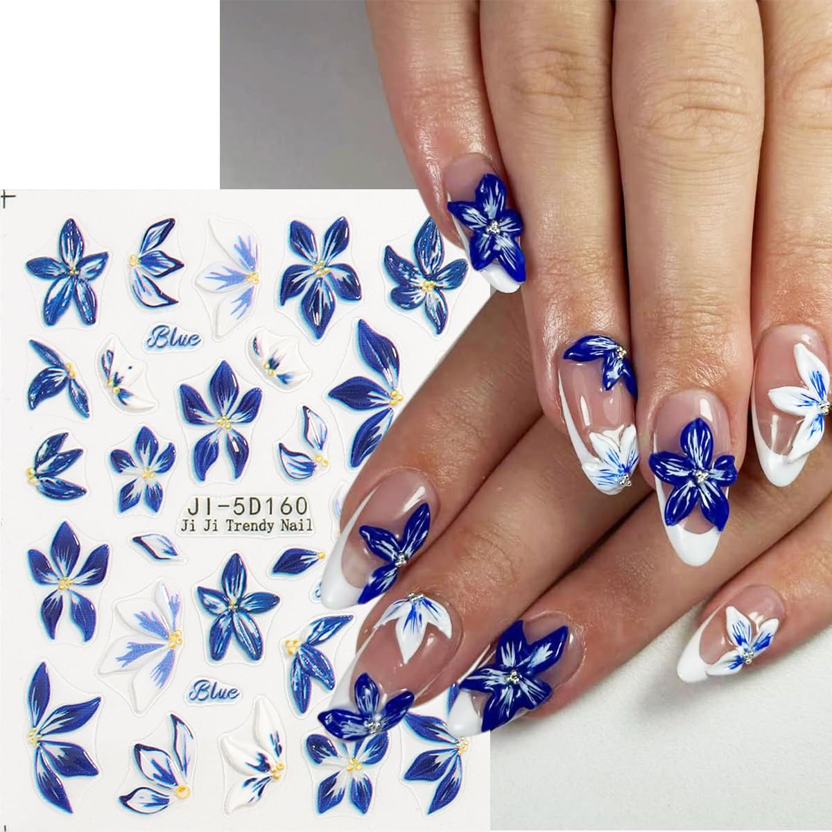 Fcozpjk Blue Flowers Stickers for Nails 5D Embossed Flower Nail Stickers Lily Hibiscus Cherry Blossom Rose Floral Nail Decals Se