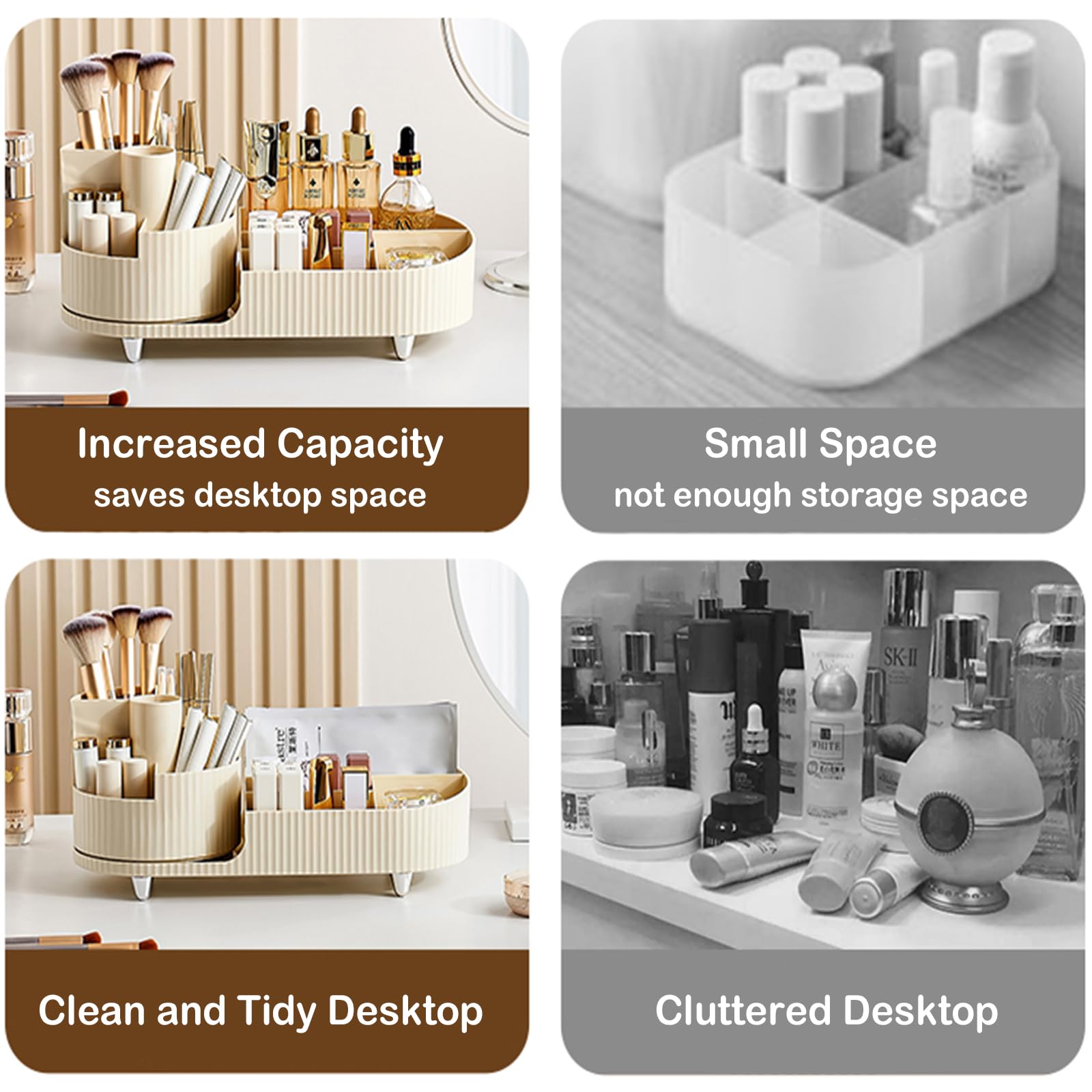New 360 Rotating Makeup Organizer For Vanity With Brush Holder, Cosmetic Makeup Storage Organizer, Large Spinning Makeup Skincar