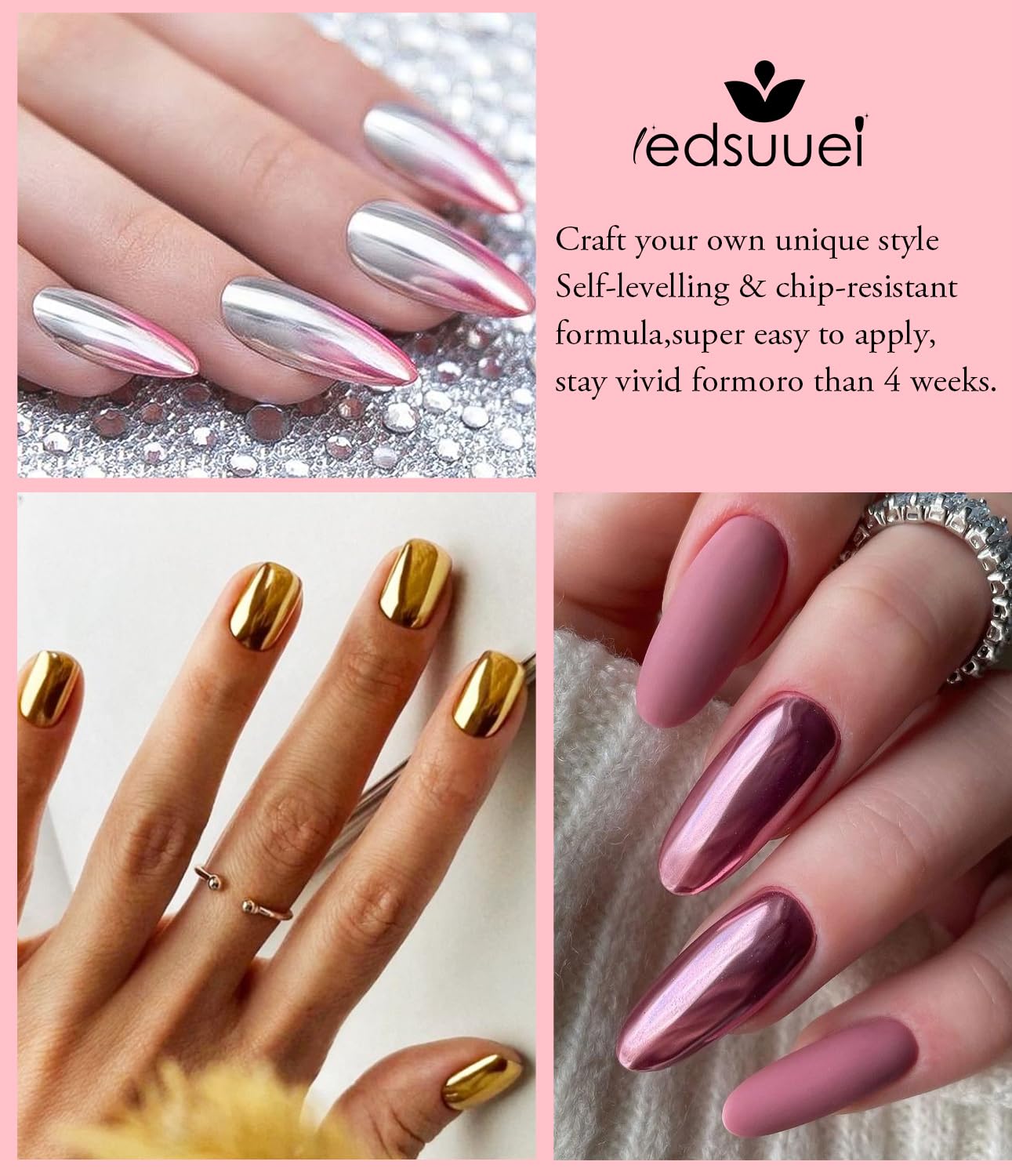 Gold Chrome Nail Powder Ledsuuei - Mirror Effect Metallic Holographic Aurora Iridescent Pearlescent Chrome Nail Powder Rose Gold