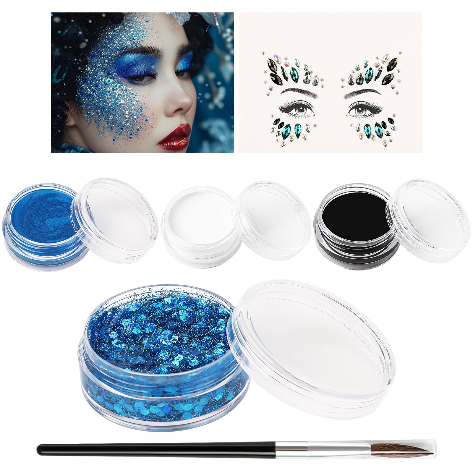BOBISUKA Halloween Face Paint Kit, Black White Blue Face Painting + body glitter gel + face gems, Professional Washable Body Pai