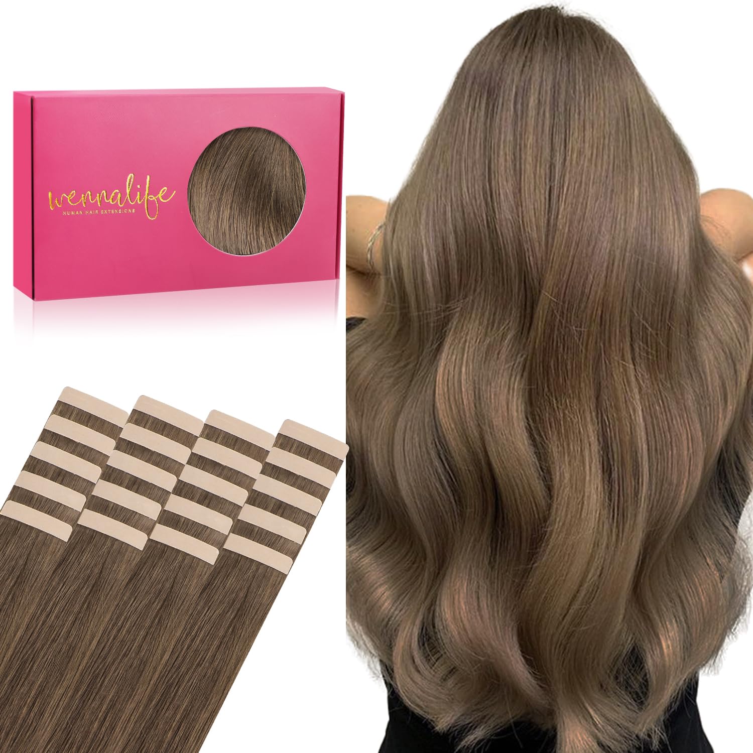 Wennalife Tape In Hair Extensions Human Hair, 20Pcs 50G 16 Inch Light Ash Brown Remy Hair Extensions Straight Human Hair Tape In
