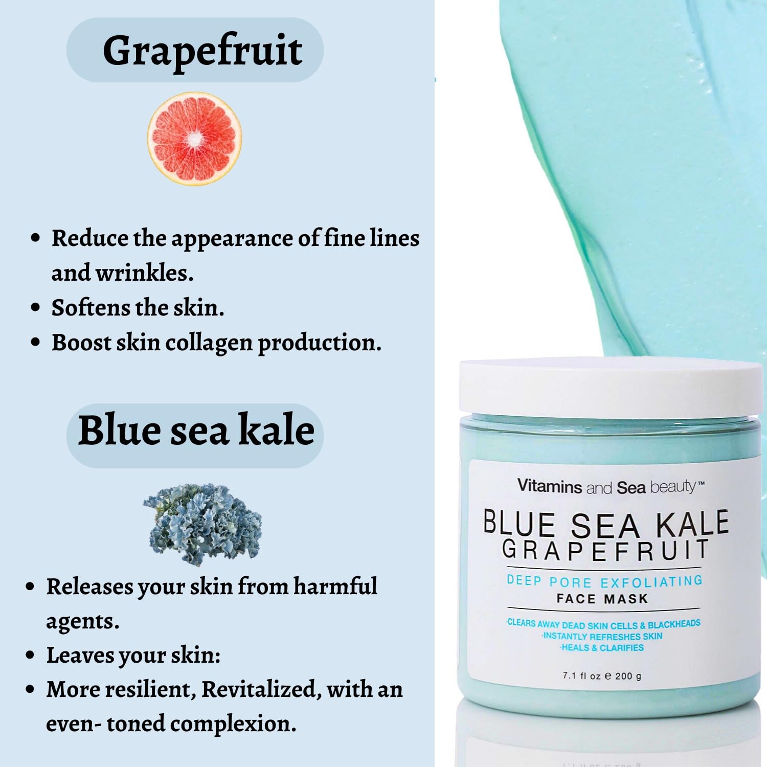 VITAMINS AND SEA BEAUTY, Exfoliating Face Mask Deep Cleansing Purifying Blackhead Pore Control with Blue Sea Kale and Grapefruit