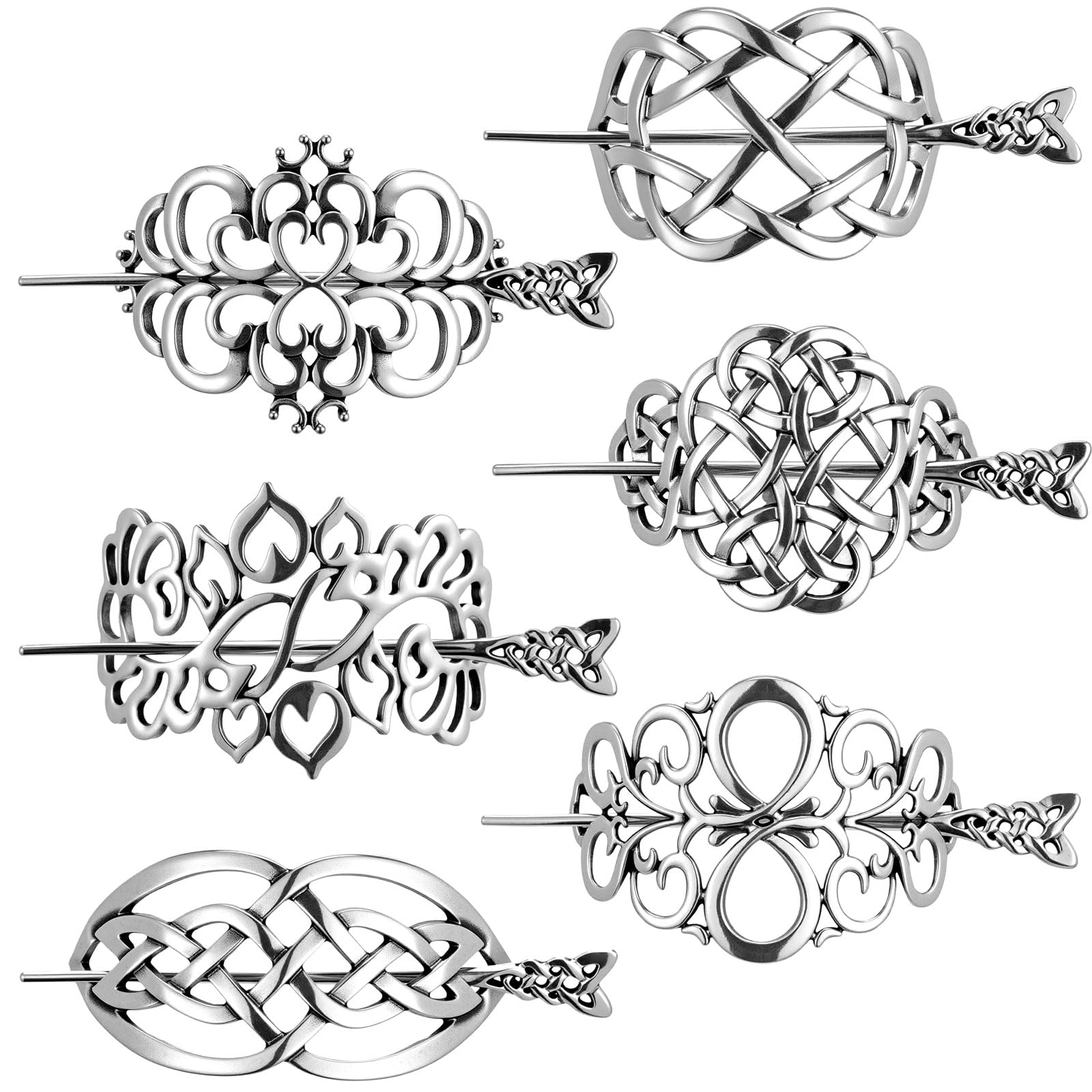 Syhood 6 Pcs Vintage Celtic Hair Accessories Silver Viking Hair Slide Hairpins Celtic Hairs Clips Knot Stick Vintage Metal Barre