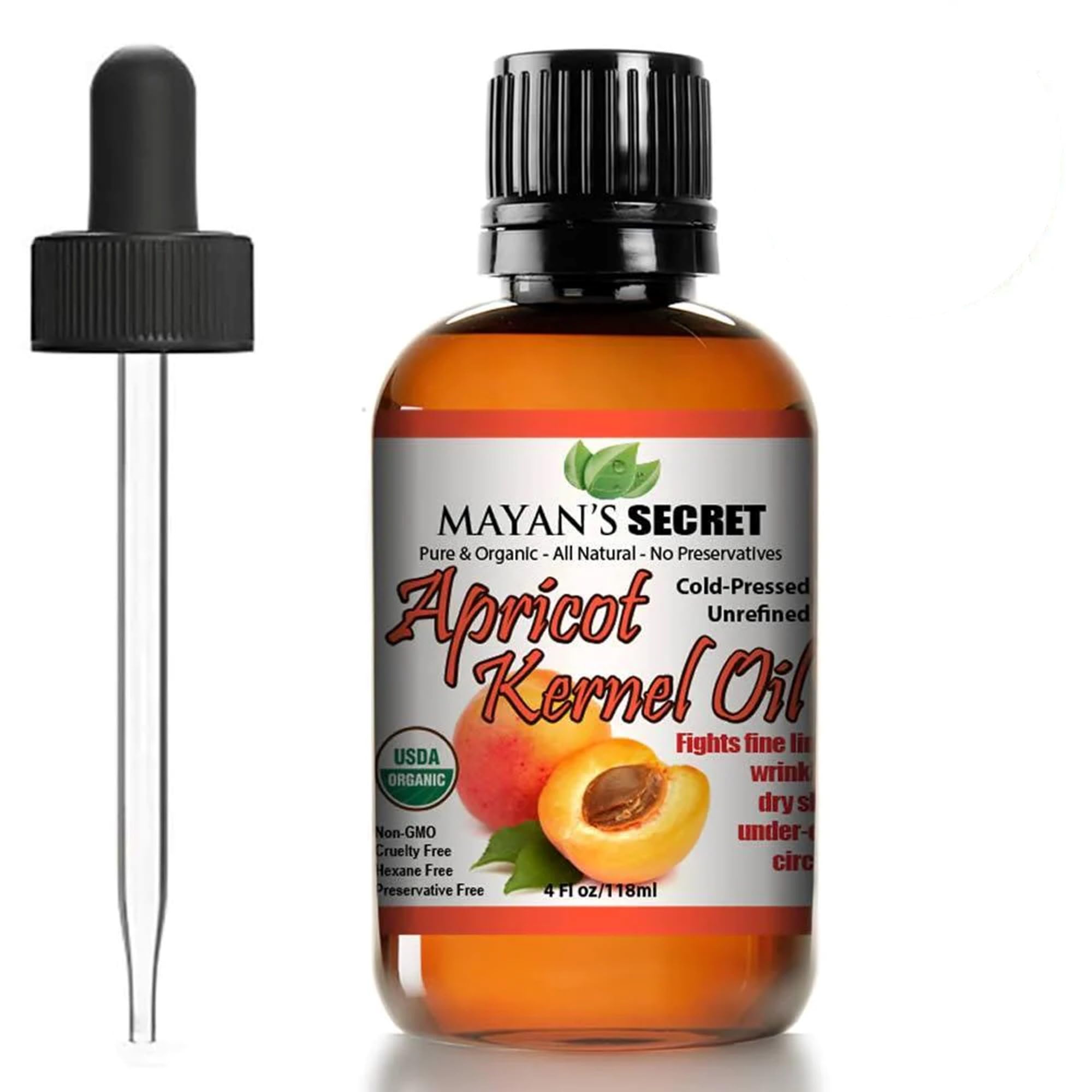 USDA Certified Organic Apricot Kernel Oil - Cold Pressed, Unrefined, Presented in Amber Glass Bottle with Glass Eyedropper for C